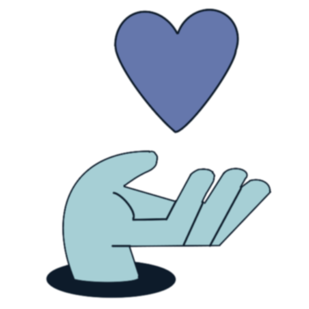 A hand reaching out from a hole, with a blue heart floating above it indicating sharing of love