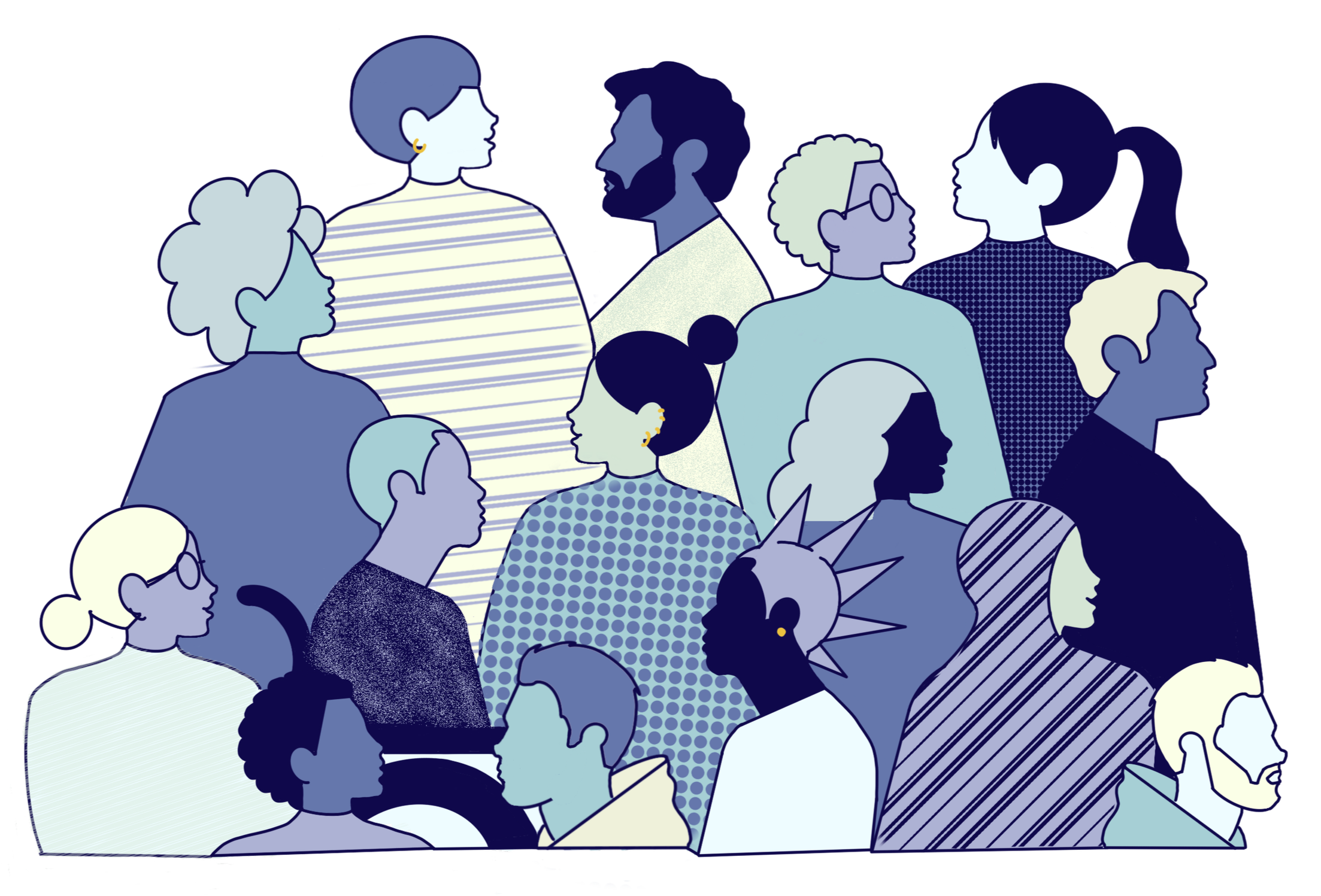Illustration of diverse people gathered in a group, engaging in conversation, in shades of blue and white.