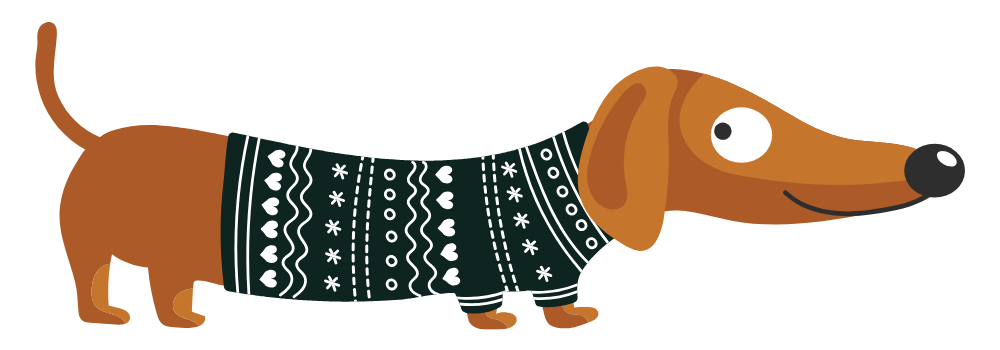 Graphic of a mini dachshund viwed from the side with a cheeky grin and side eye, wearing a black jumper