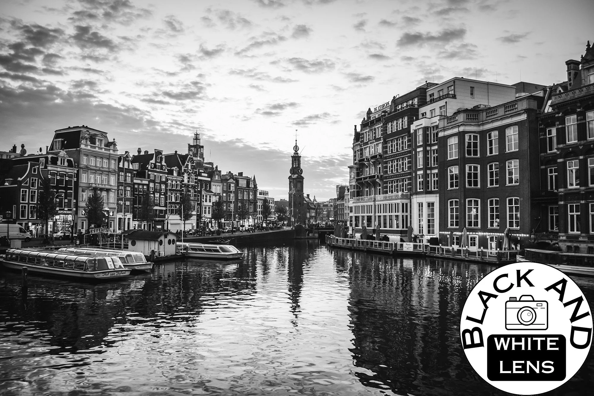 Amsterdam Canal River black and white photo