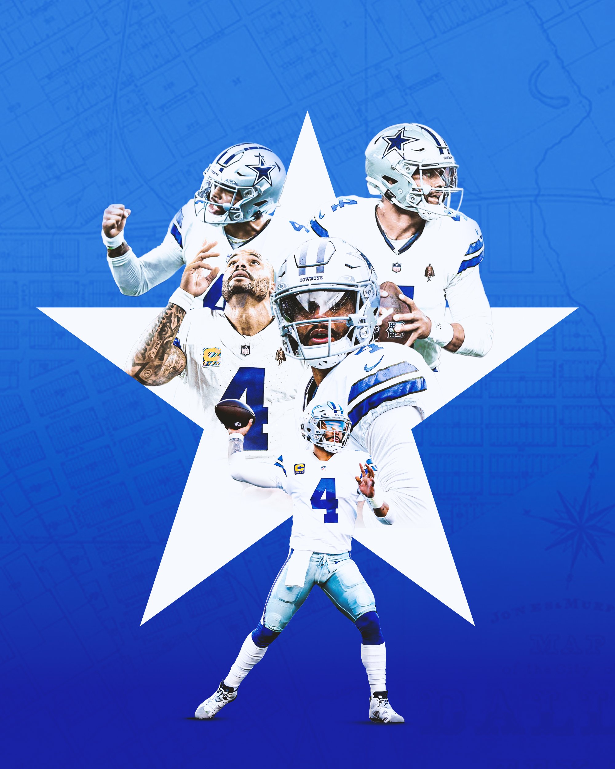 Dallas Cowboys football players celebrating with a large white star in the background and a blue overlay featuring a faint map of a football field.