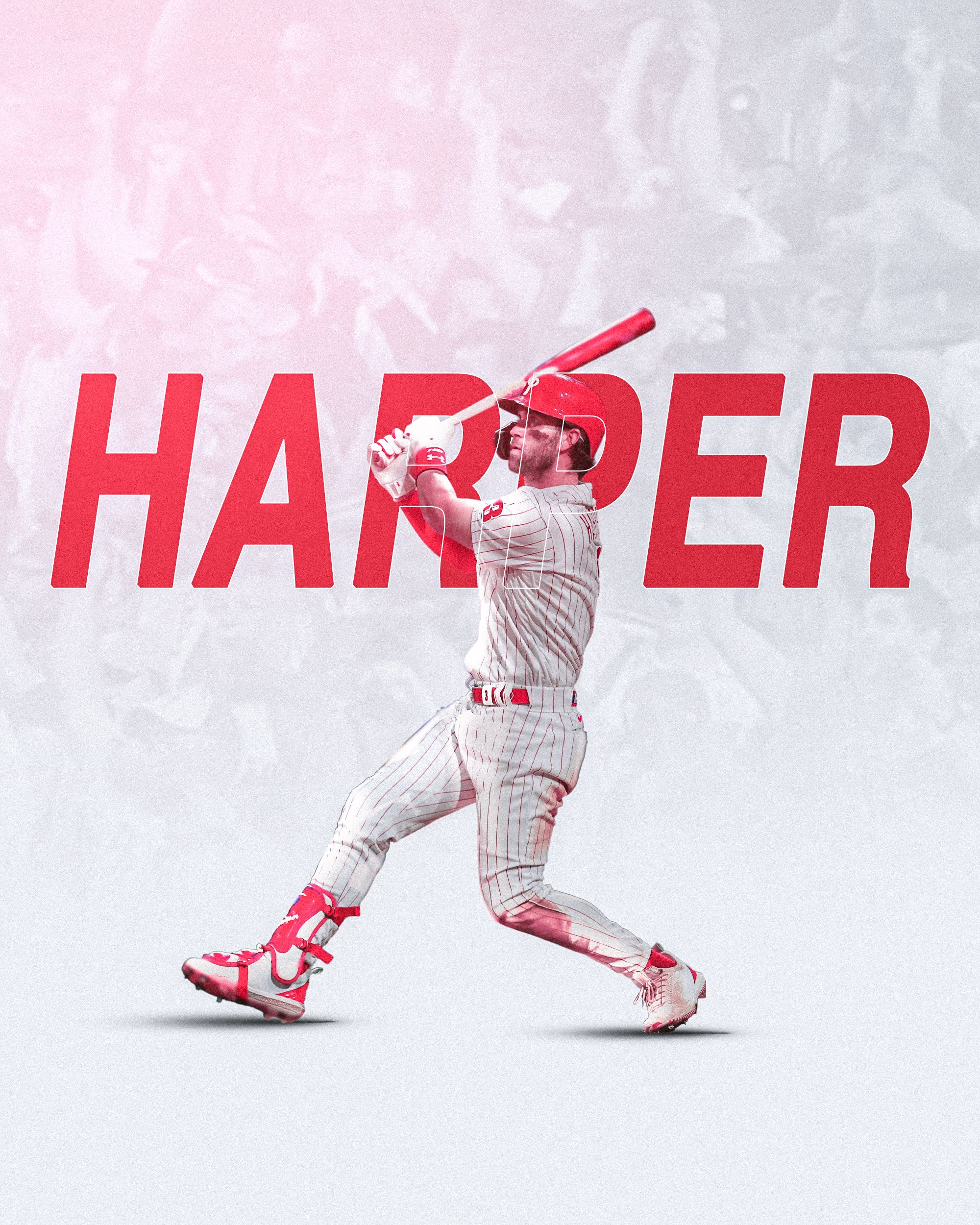 A baseball player in a white pinstripe uniform with red accents, wearing red and white cleats, holding a red bat, appears to be in a dynamic pose with one foot off the ground against a light background with large red text that reads 'HARDER'.