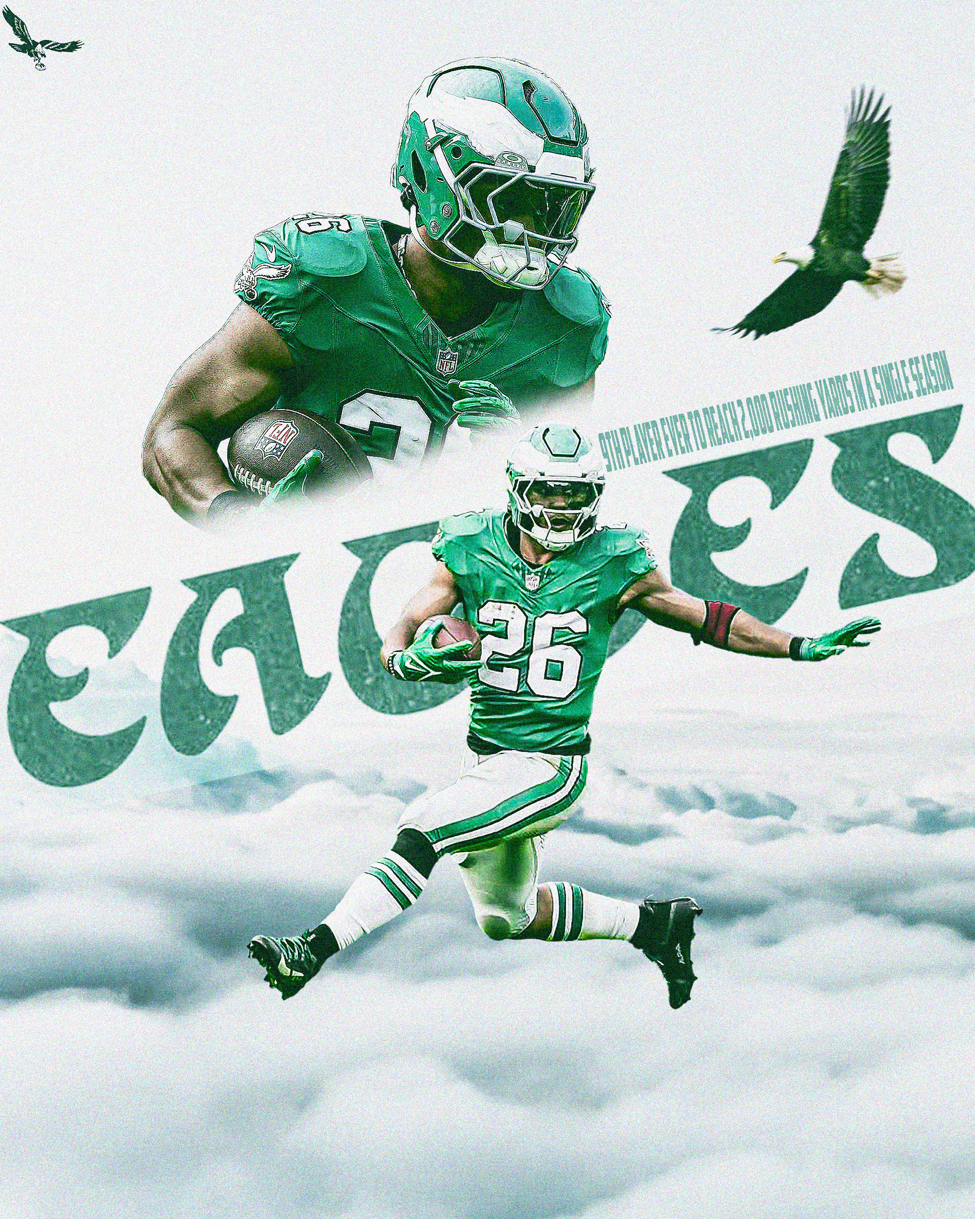 An American football player in a green uniform running with a football, wearing a helmet and gloves, on snow, with a large green banner and an eagle flying in the sky.