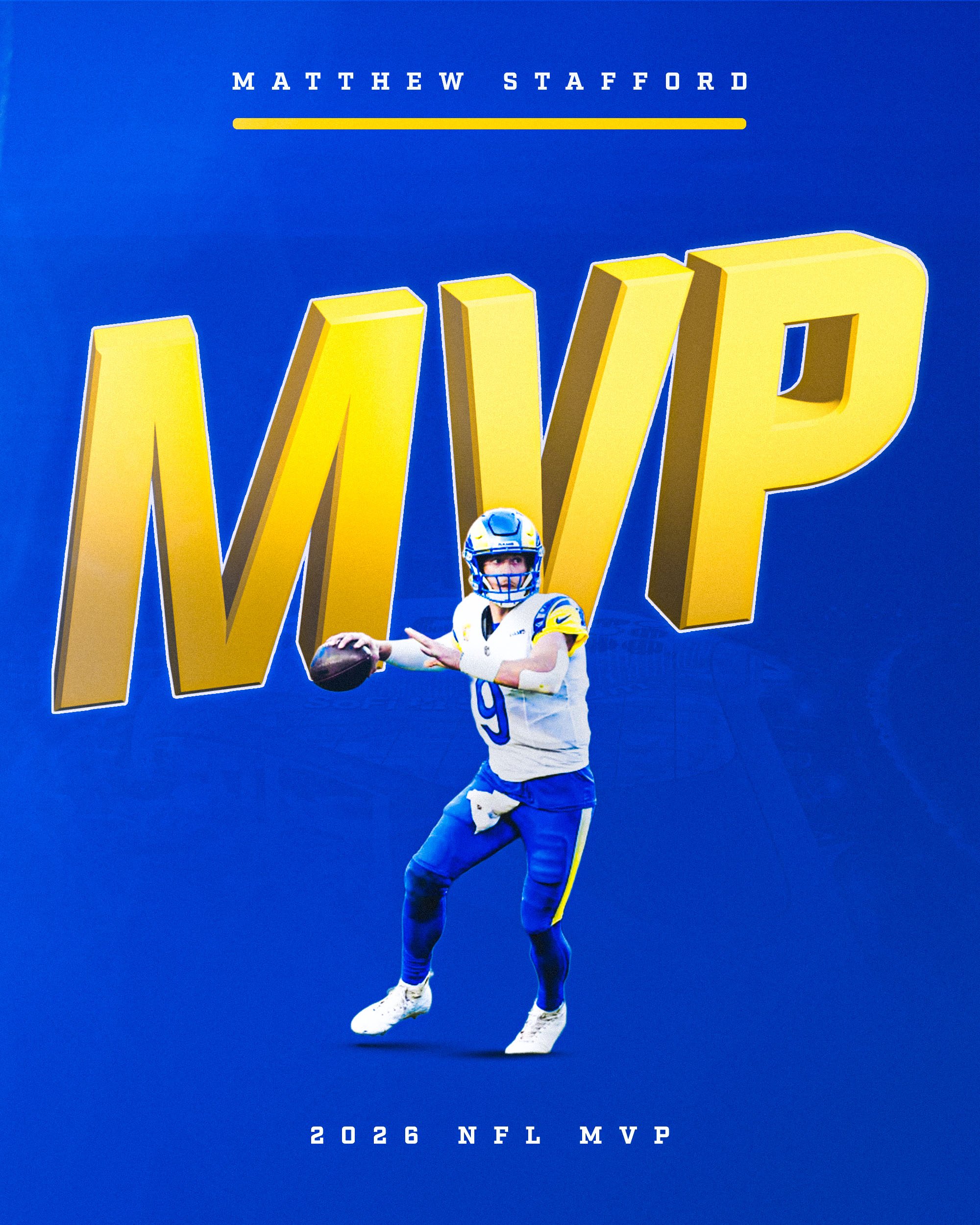 Book cover with a blue background, featuring an image of an NFL player in uniform and helmet, holding a football. The title includes the name "Mathew Stafford" and the text "2026 NFL MVP."