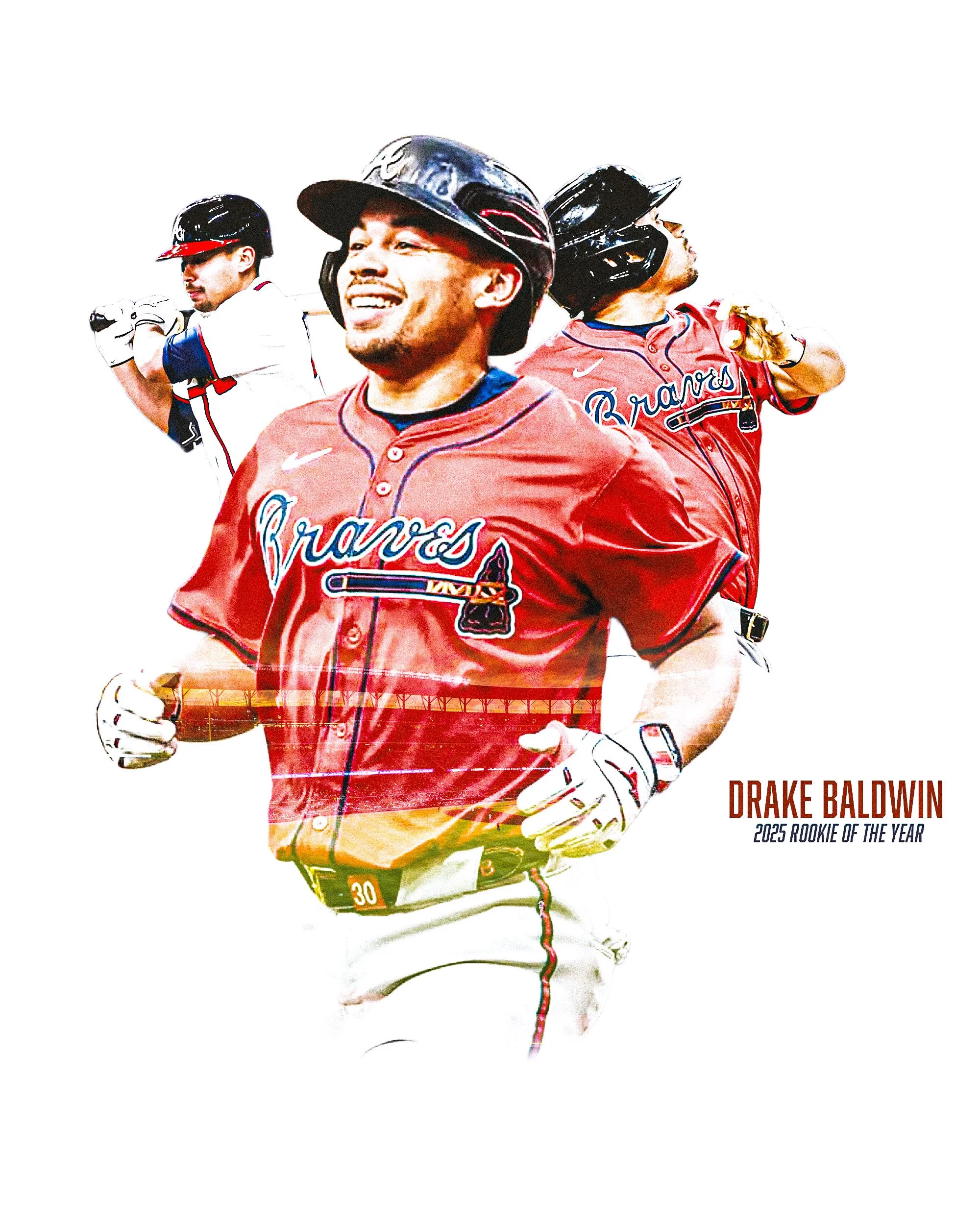 An illustration of three baseball players in red jerseys with 