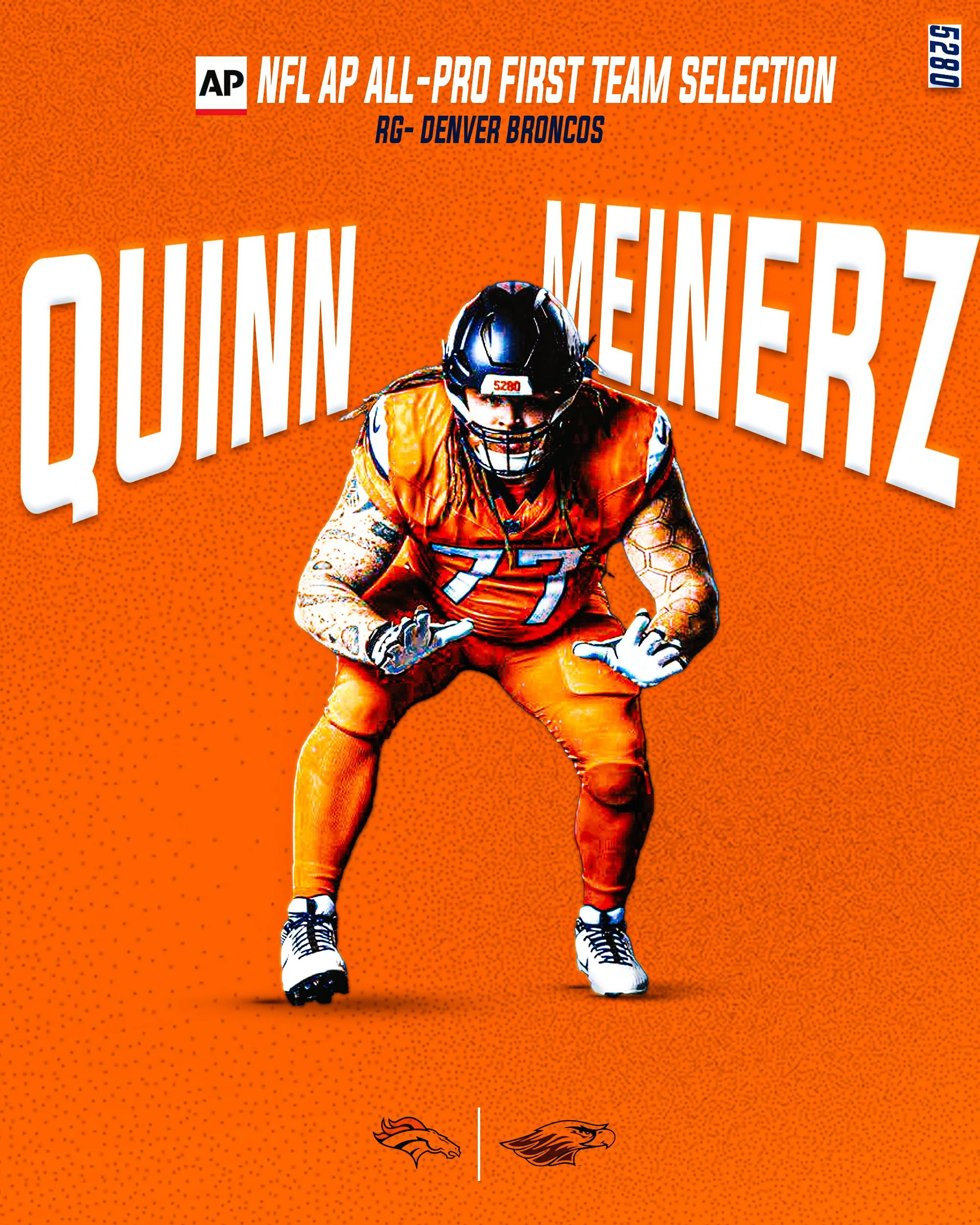 Orange background with a football player in orange uniform and helmet, in a ready stance, with text about NFL All-Pro first team selection, Denver Broncos, and logos of two teams.
