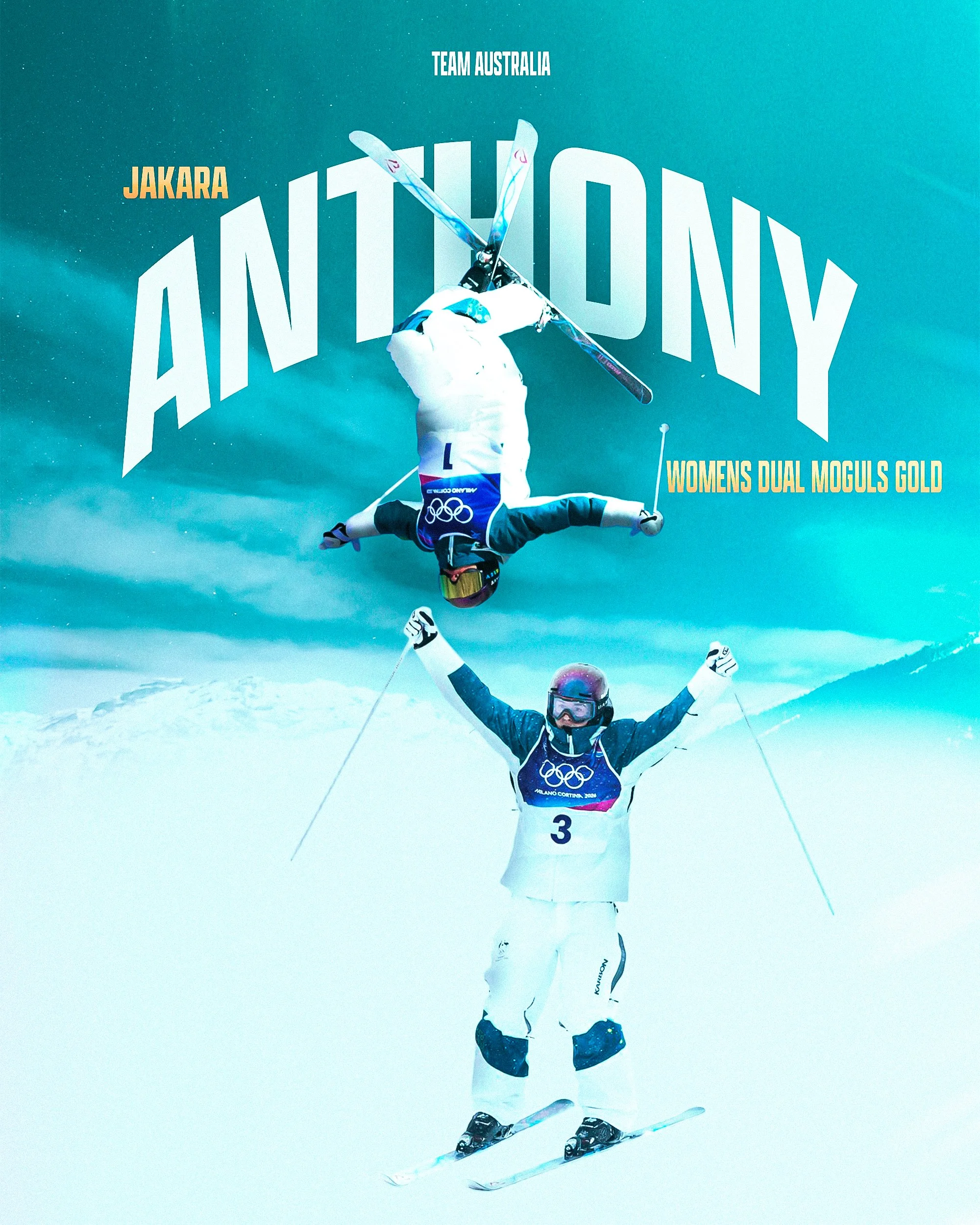 Two skiers perform a jump in the air on a snowy mountain. The skier in front is wearing white and blue gear with the number 3, and the skier behind is upside down, wearing blue gear with the Olympic logo, holding ski poles.