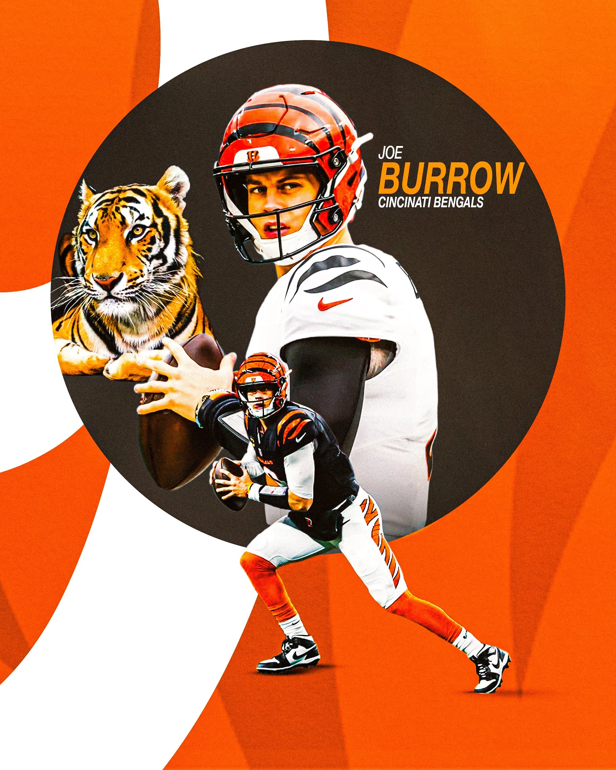 An American football player wearing an orange and black uniform, helmet, and gloves, in a running pose with a tiger on his left side. The background is a combination of orange, white, and black shapes.