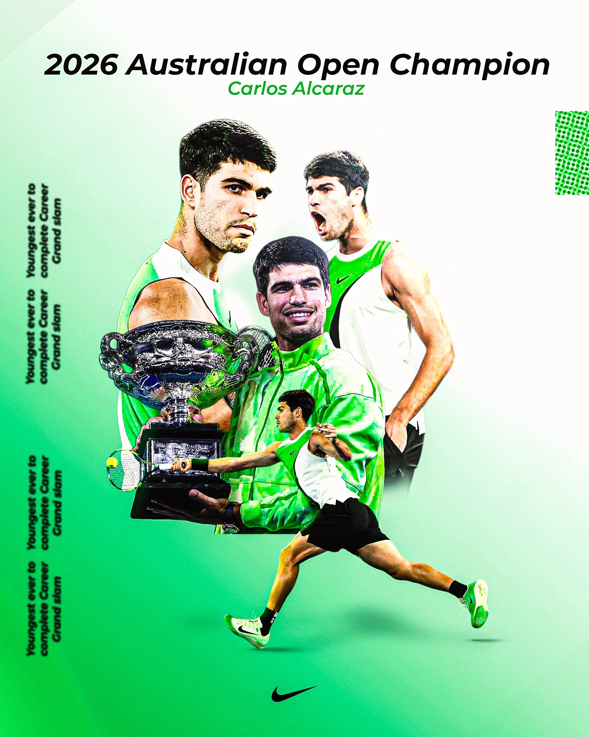 Poster celebrating Carlos Alcaraz as 2026 Australian Open men's singles tennis champion, featuring images of Alcaraz in different athletic poses holding a trophy and a tennis racket, with a Nike logo at the bottom, and green and white background with