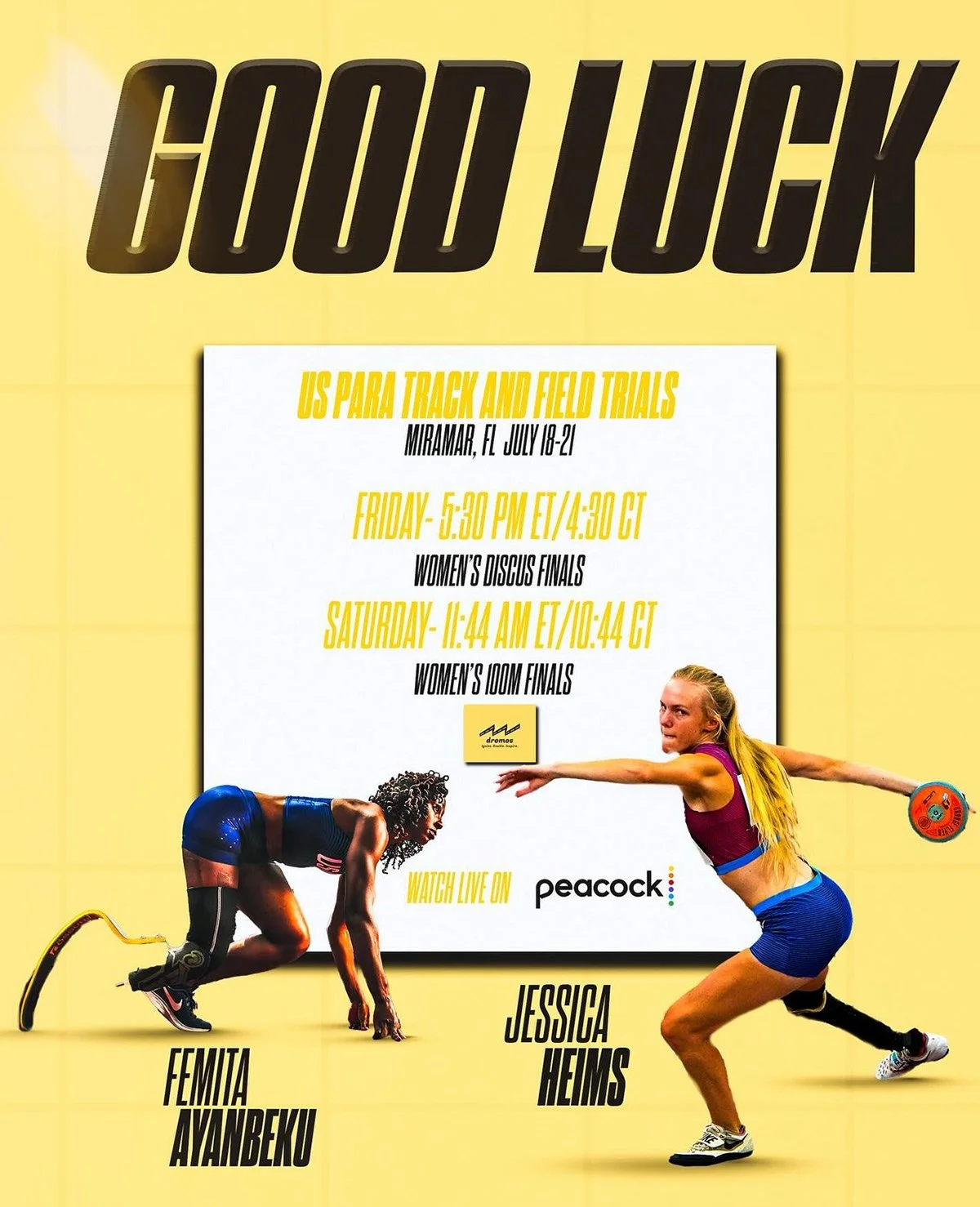 Poster for track and field trials event in Miramar, Florida, July 18-21. Schedule includes women's discus finals on Friday at 5:30 PM ET / 4:30 PM CT, and women's 10,000 meters finals on Saturday at 11:44 AM ET / 10:44 AM CT. Features images of femal