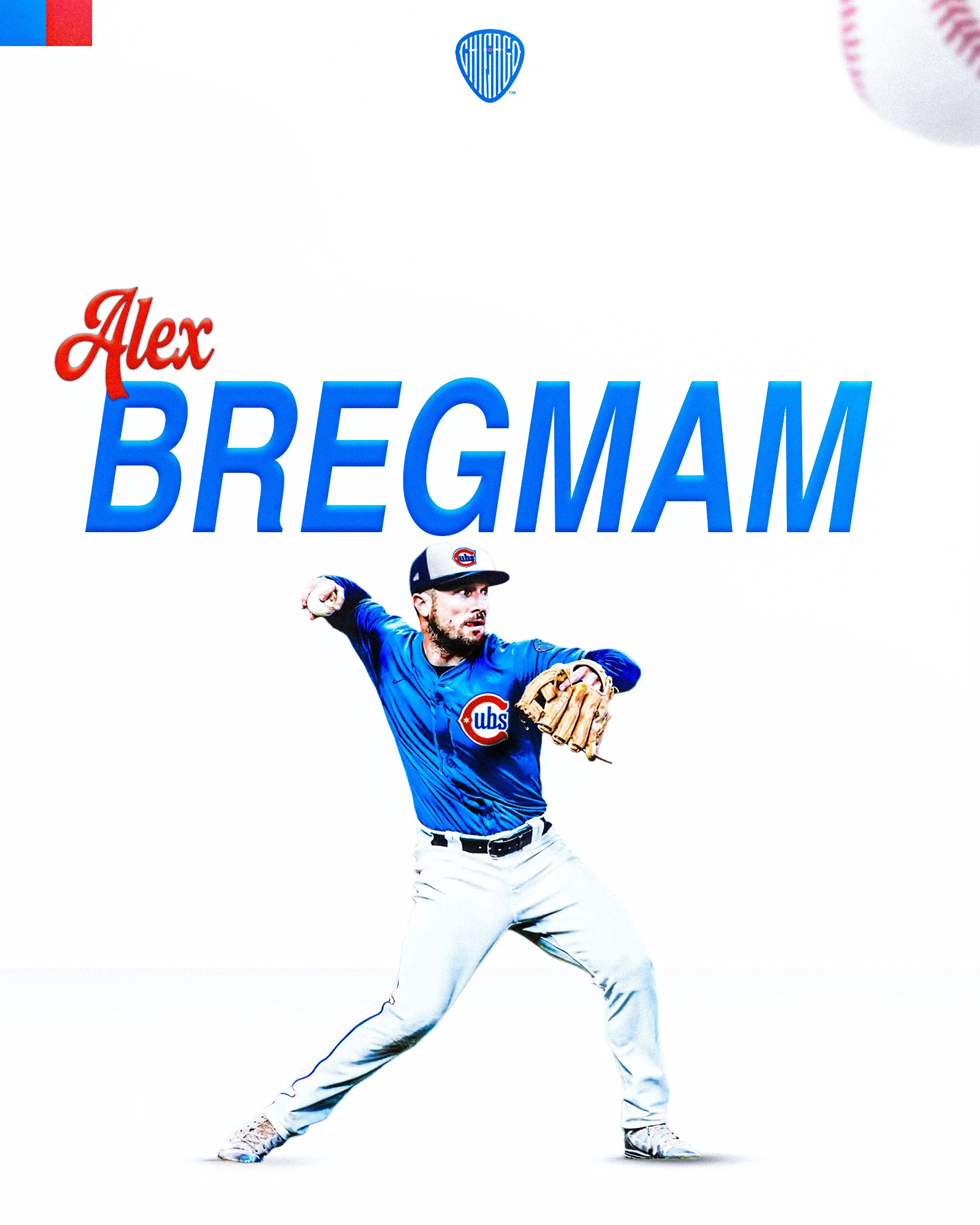 A professional baseball player in a blue uniform and white pants, wearing a Chicago Cubs cap, is in a pitching stance with one arm extended forward and the other arm behind, holding a baseball.