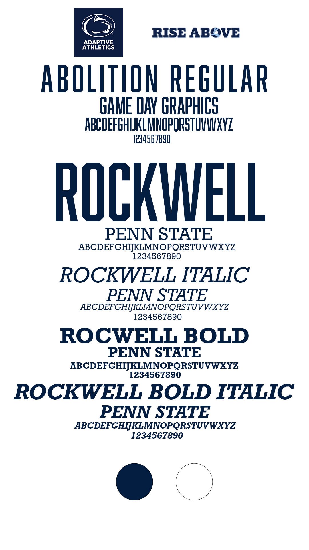 Design sheet showcasing Penn State's athletic team name 'Rockwell' in various font styles and sizes, with the logo for Adaptive Athletics and the phrase 'Rise Above'.