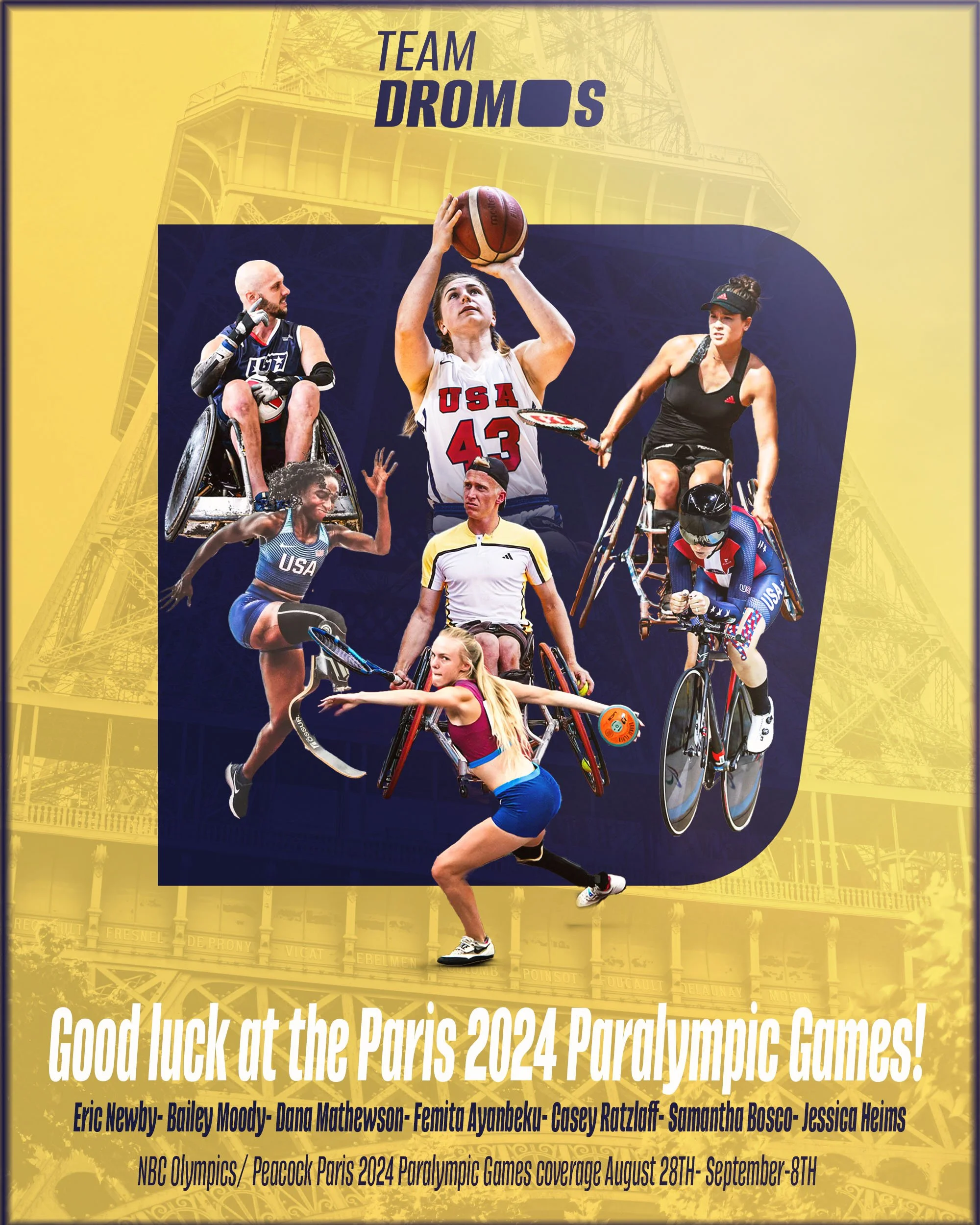 Poster for Team Dromos with images of paralympic athletes, including a basketball player, a cyclist, a tennis player, and a runner, with the Eiffel Tower in the background. The poster wishes good luck at the Paris 2024 Paralympic Games.