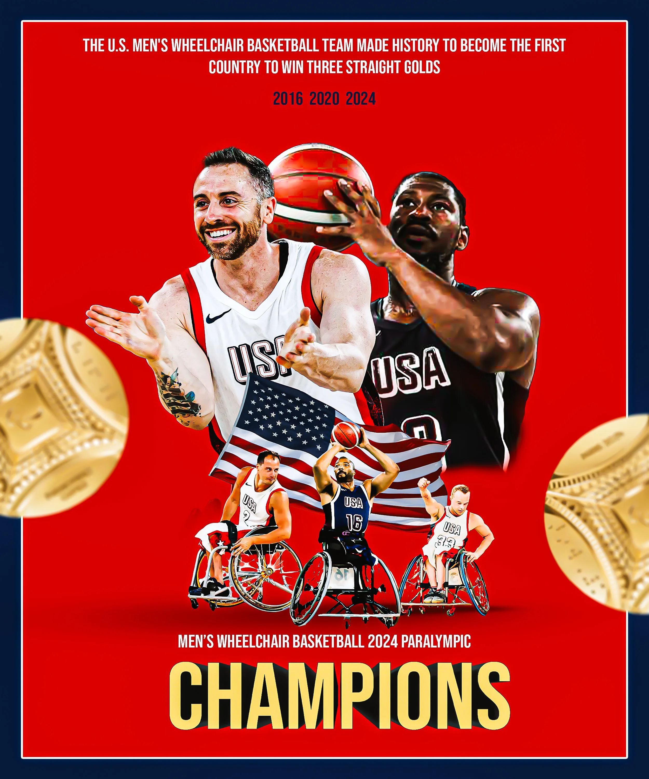 Cover of Men's Wheelchair Basketball 2024 Paralympic champions poster featuring athletes and medals.