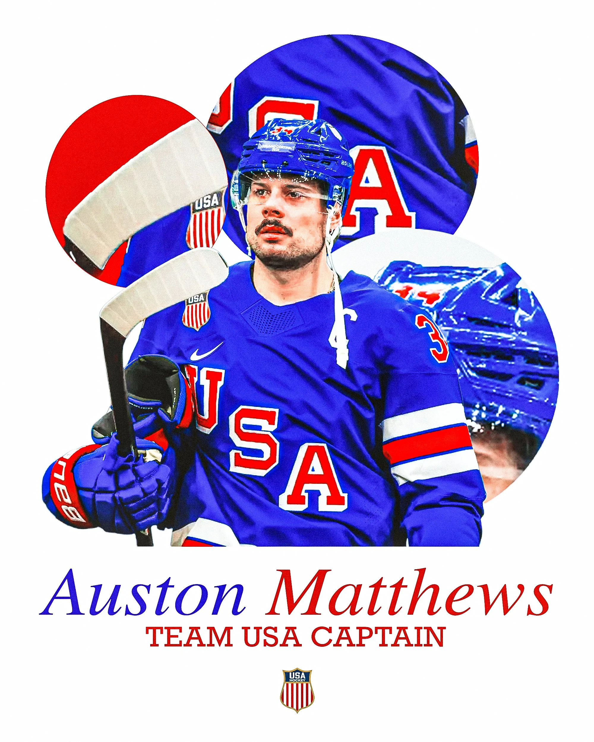 Image of an ice hockey player wearing a blue USA team jersey and helmet, holding a hockey stick, with a stylized background and text reading "Austin Matthews TEAM USA CAPTAIN" with USA hockey emblem.