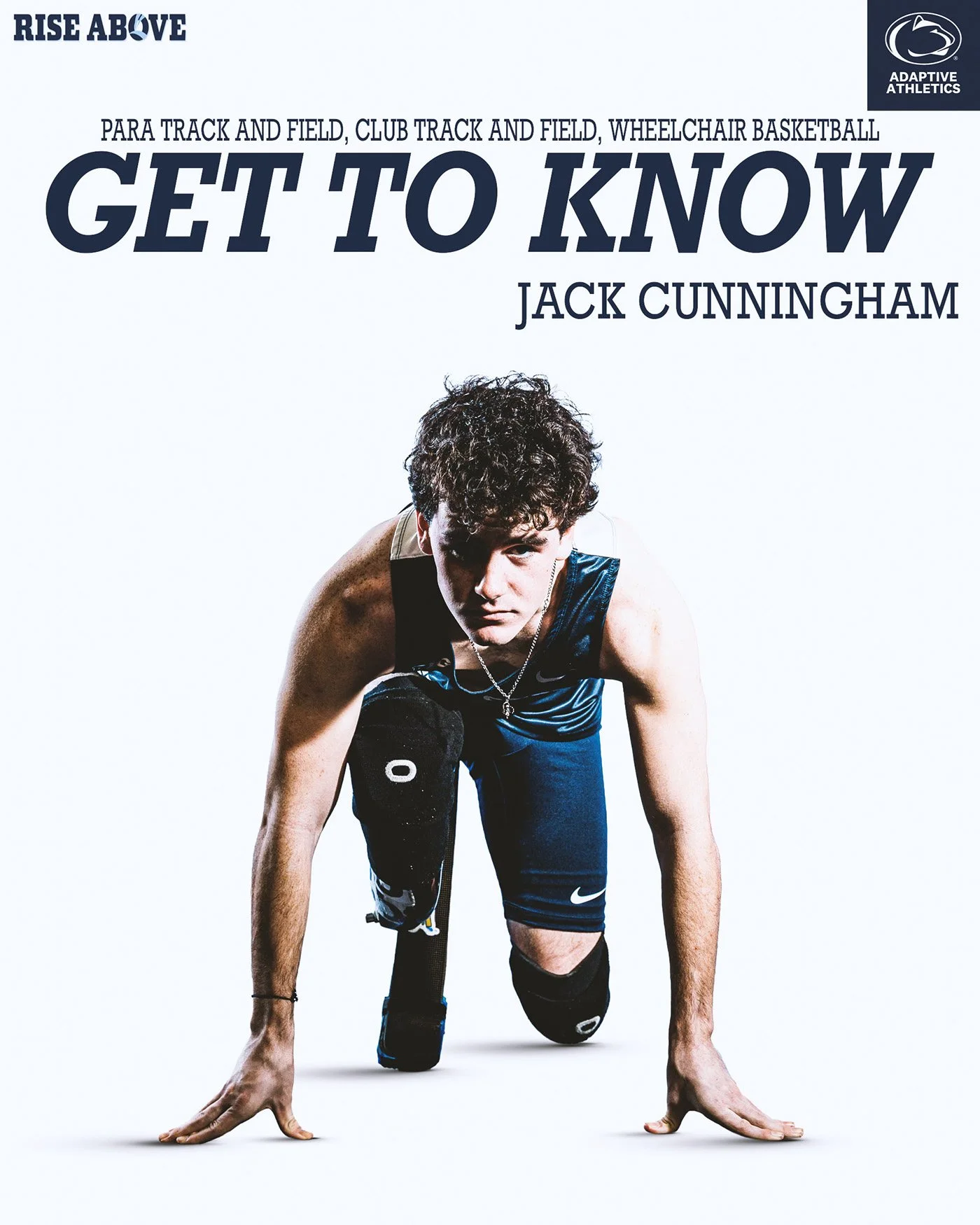 A male athlete with curly hair in a starting position, crouched down on one knee, wearing sports gear and a knee brace, ready to race.