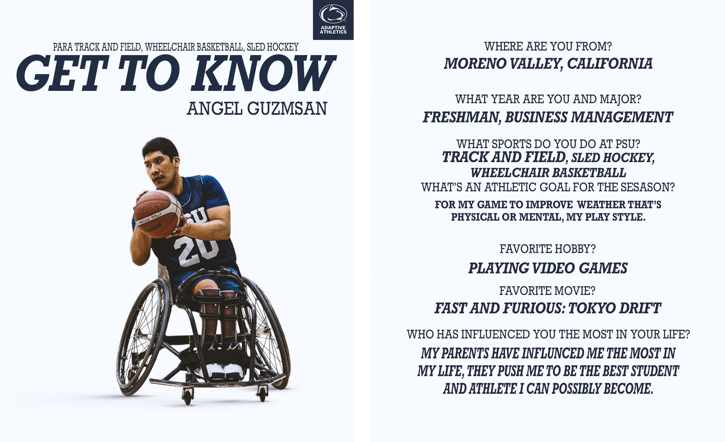A young man in a wheelchair holding a basketball, wearing a sports jersey with the number 20, against a light background. The image is part of a promotional flyer for Adaptive Athletics, featuring questions about interests and goals.