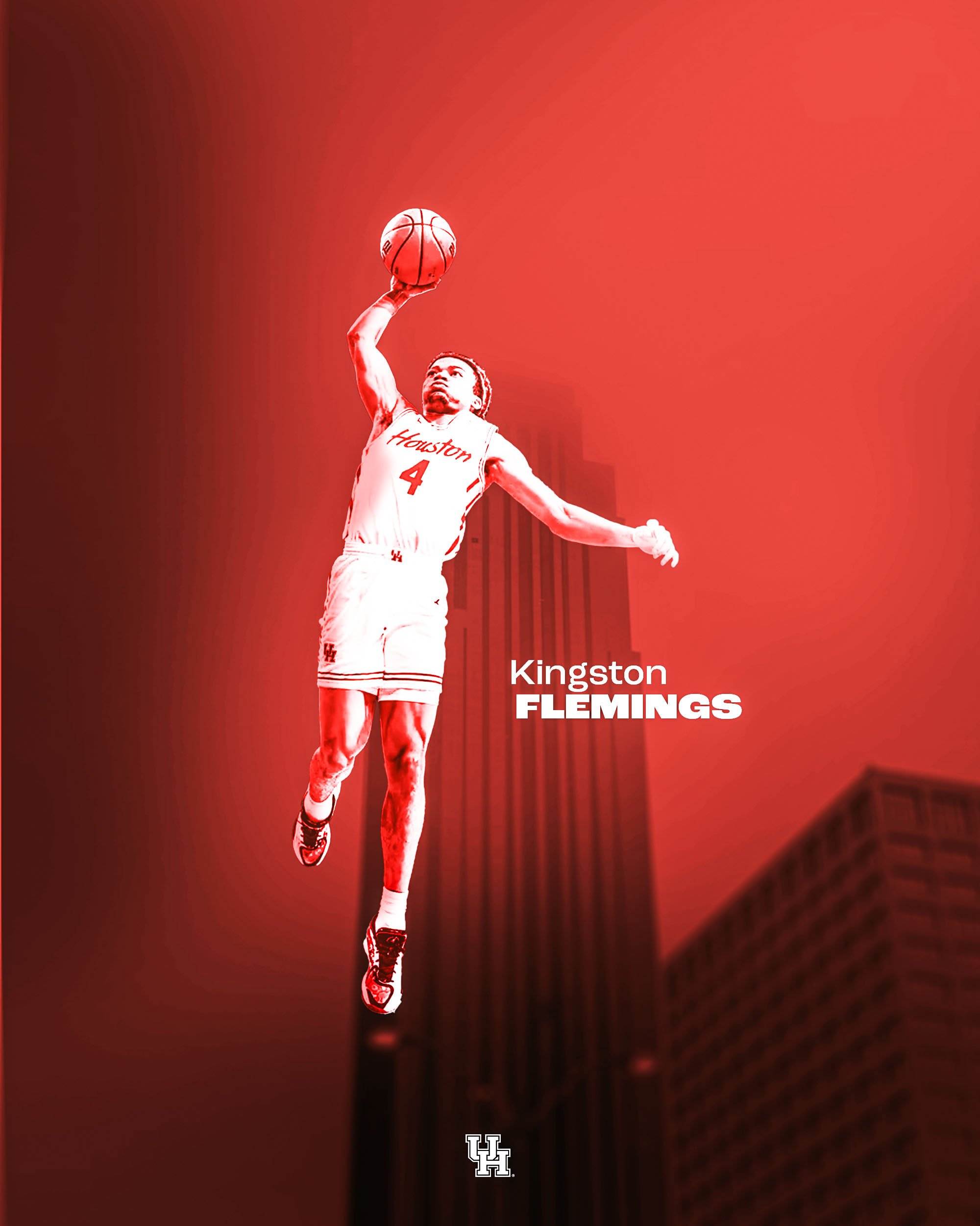 Digital graphic of a basketball player wearing a Houston team jersey, jumping to shoot a basketball, with a cityscape background, and the text 'Kingston FLEMINGS' and 'UH' logo.