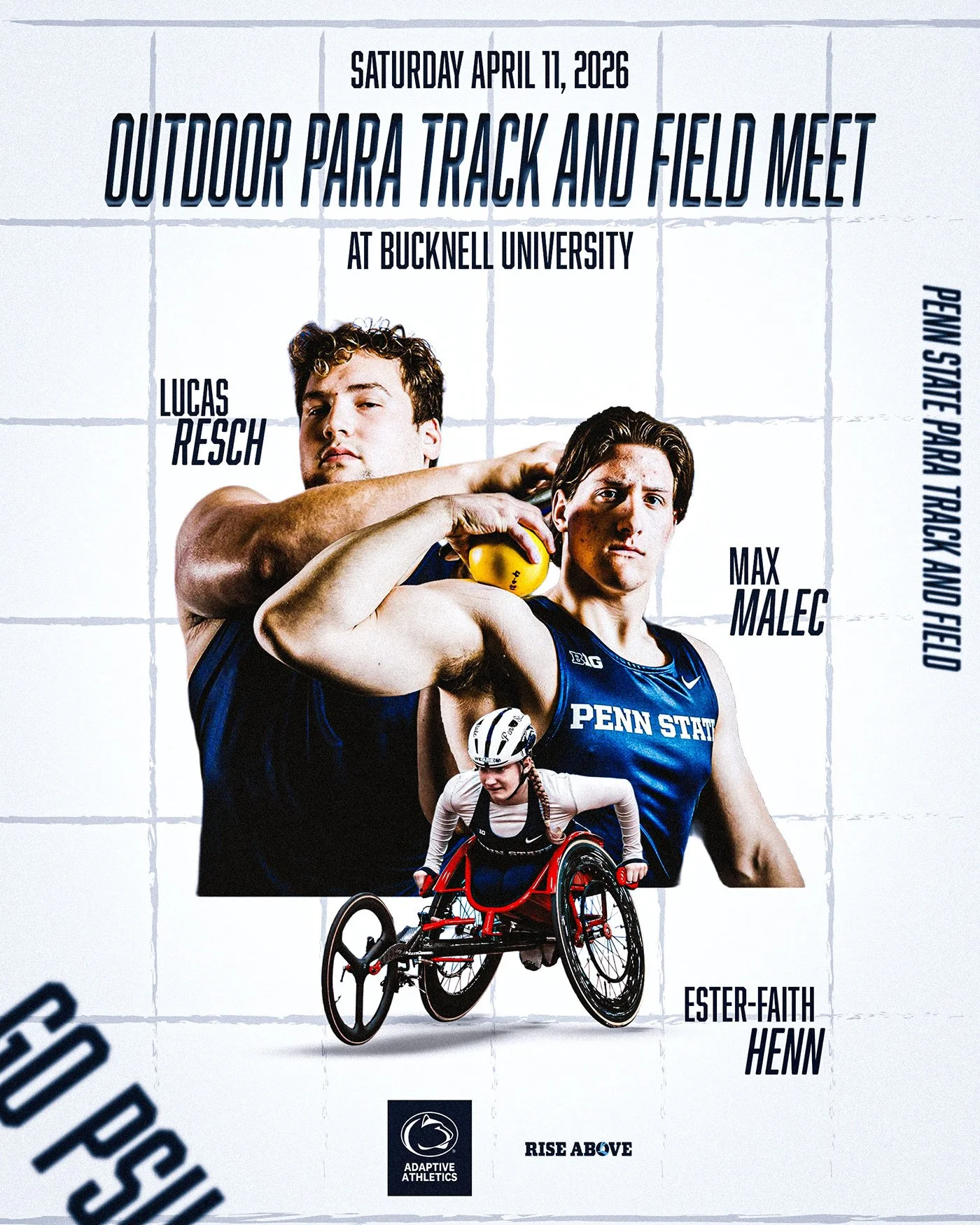 Promotional poster for an outdoor track and field meet at Bucknell University on Saturday, April 11, 2026, featuring athletes Lucas Resch, Max Malec, and Ester-Faith Henn.