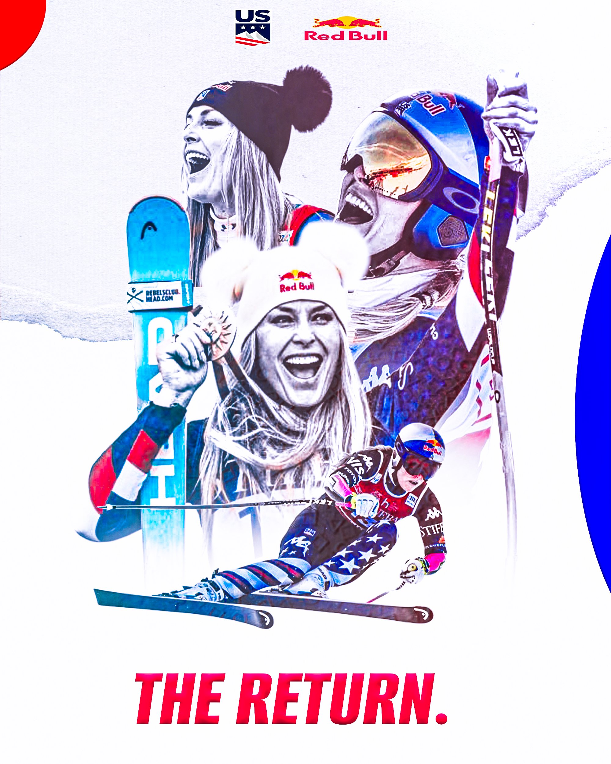 A poster featuring two female skiers celebrating on a snowy mountain with logos of US Ski Team and Red Bull at the top, and the text 'The Return' in bold red at the bottom.