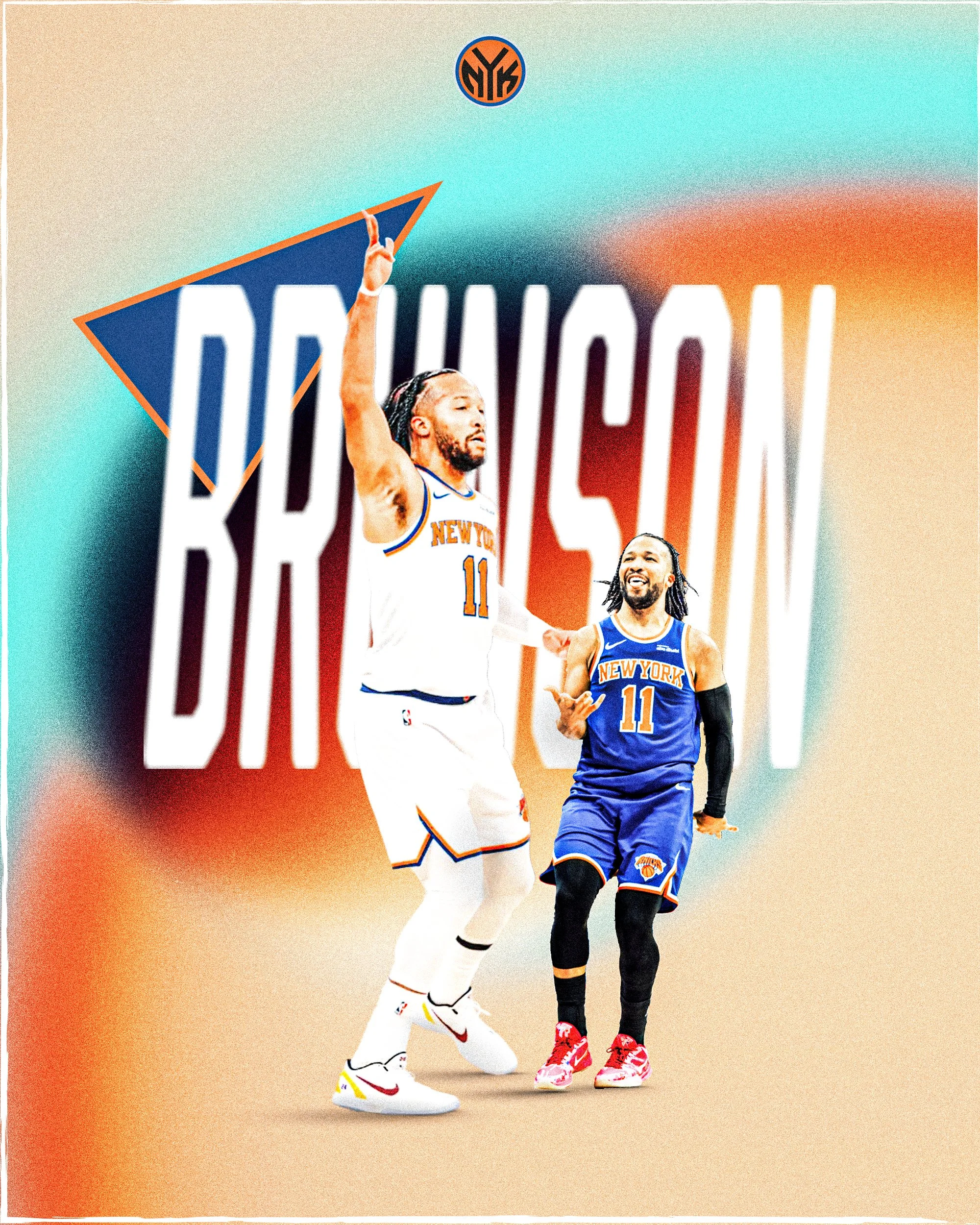 Two basketball players from the New York Knicks, one with jersey number 11, celebrating on the court. The taller player is pointing with his right hand while the shorter player is smiling.