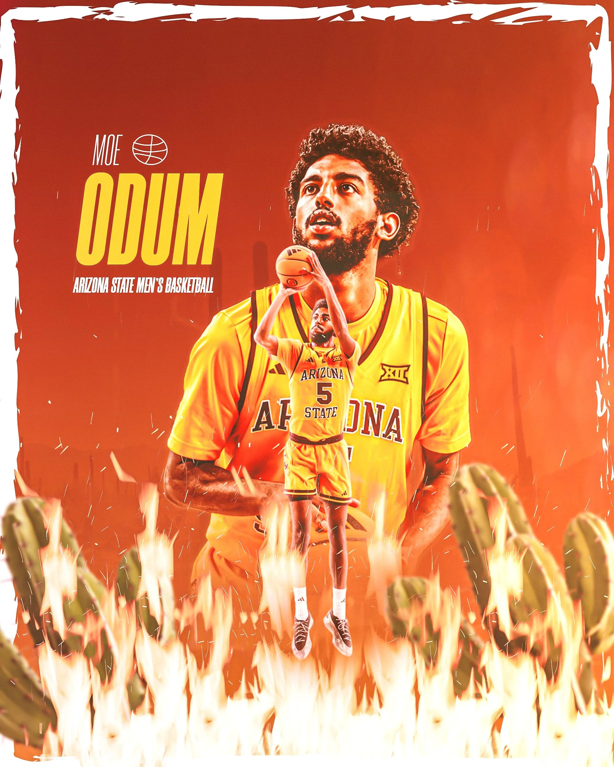 A basketball player in a yellow Arizona State Suns uniform appears to be floating above flames, with a smaller image of him shooting a basketball underneath him. The background is red with text indicating a basketball event or achievement.