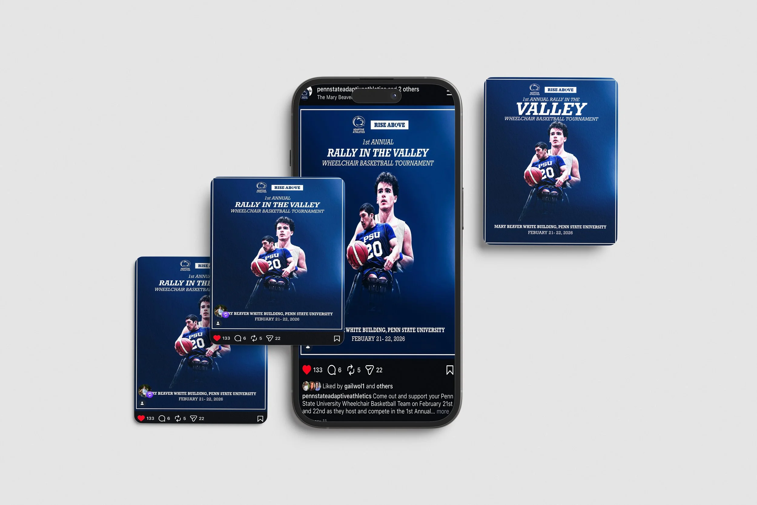 Promotion flyer for the 1st Annual Rally in the Valley wheelchair basketball tournament, featuring a young male athlete in a wheelchair holding a basketball, with event details at Pennsylvania State University on February 21-22, 2026. The flyer is displayed on a phone and printed materials.