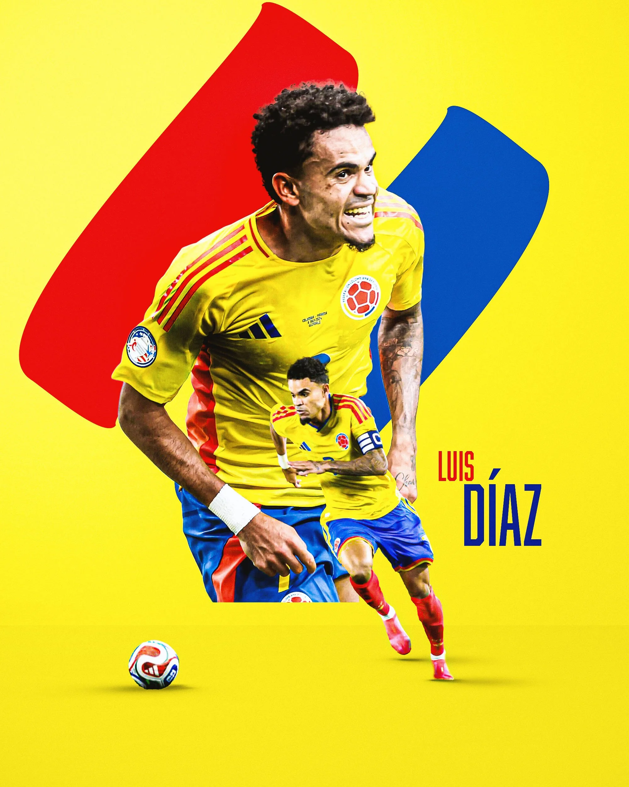 A digital graphic of Colombian soccer player Luis Díaz wearing a yellow Colombia national team jersey, depicted in a dynamic running pose on a yellow background with red and blue abstract shapes.