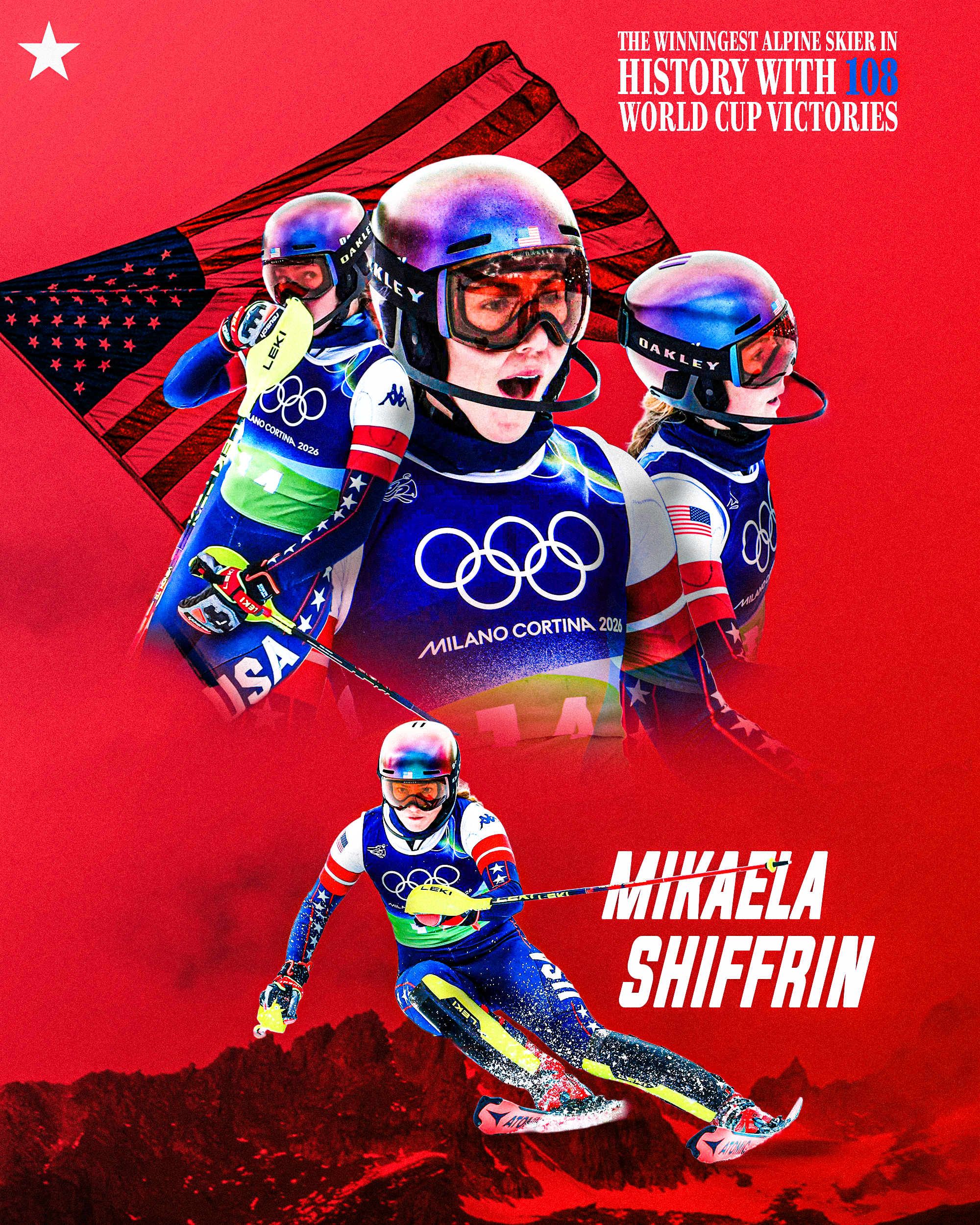 Image of Mikayla Shifrin, an alpine skier from the United States, mid-air during a ski race at Milan Cortina 2026 Winter Olympics. She is wearing a blue, white, and red racing suit with American flag patches, goggles, helmet, and gloves, with a mount