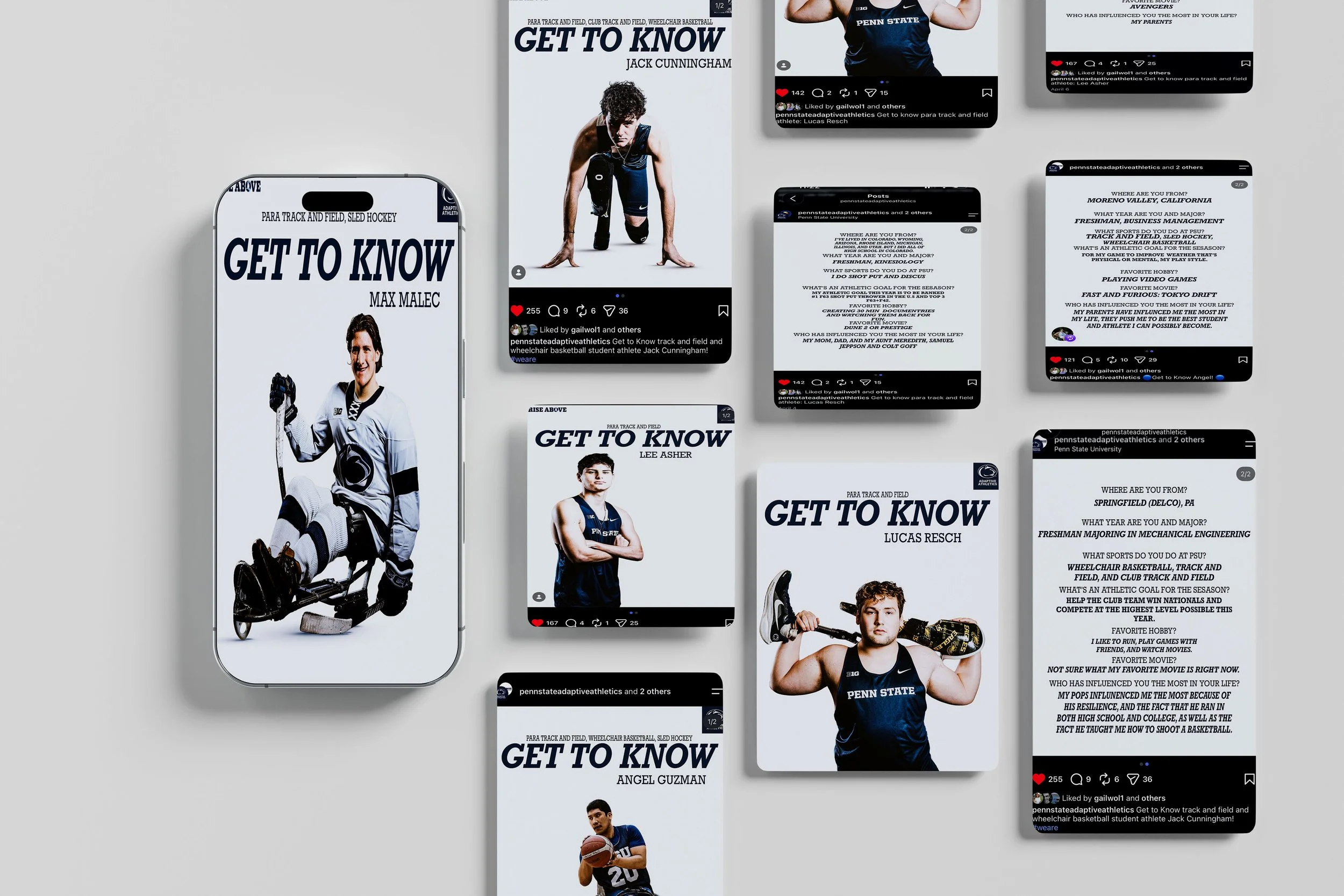 Multiple digital screens displaying a book titled "Get to Know" by various authors, featuring images of athletes in sportswear, including a hockey player, a track athlete, and a basketball player, along with social media posts showing user interactions and questions about athletes' backgrounds and sports interests.