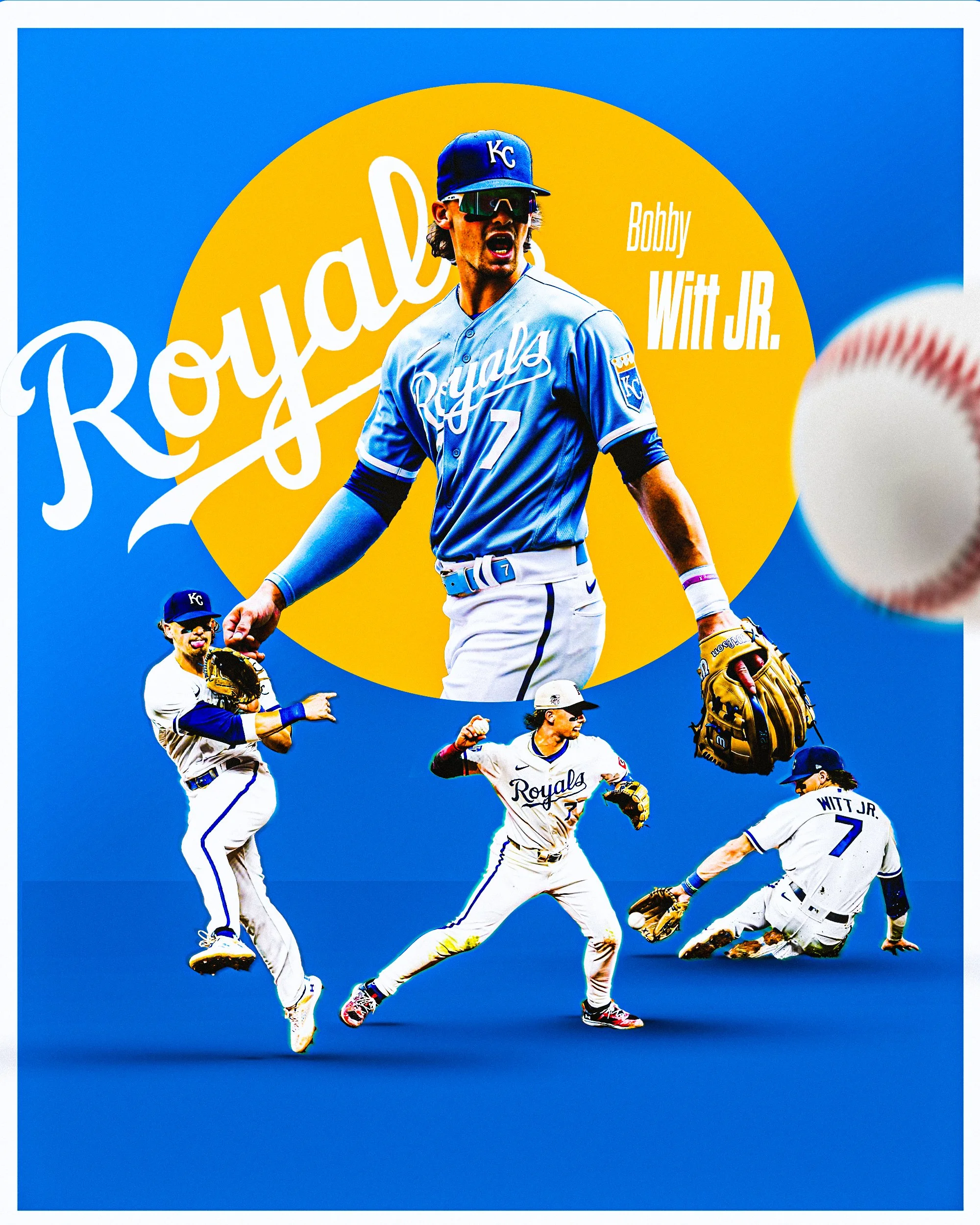 Poster featuring Kansas City Royals baseball players in action, with a large graphic of one player in the center, wearing a Royals uniform and cap, surrounded by smaller images of other players celebrating, against a blue background with a yellow cir