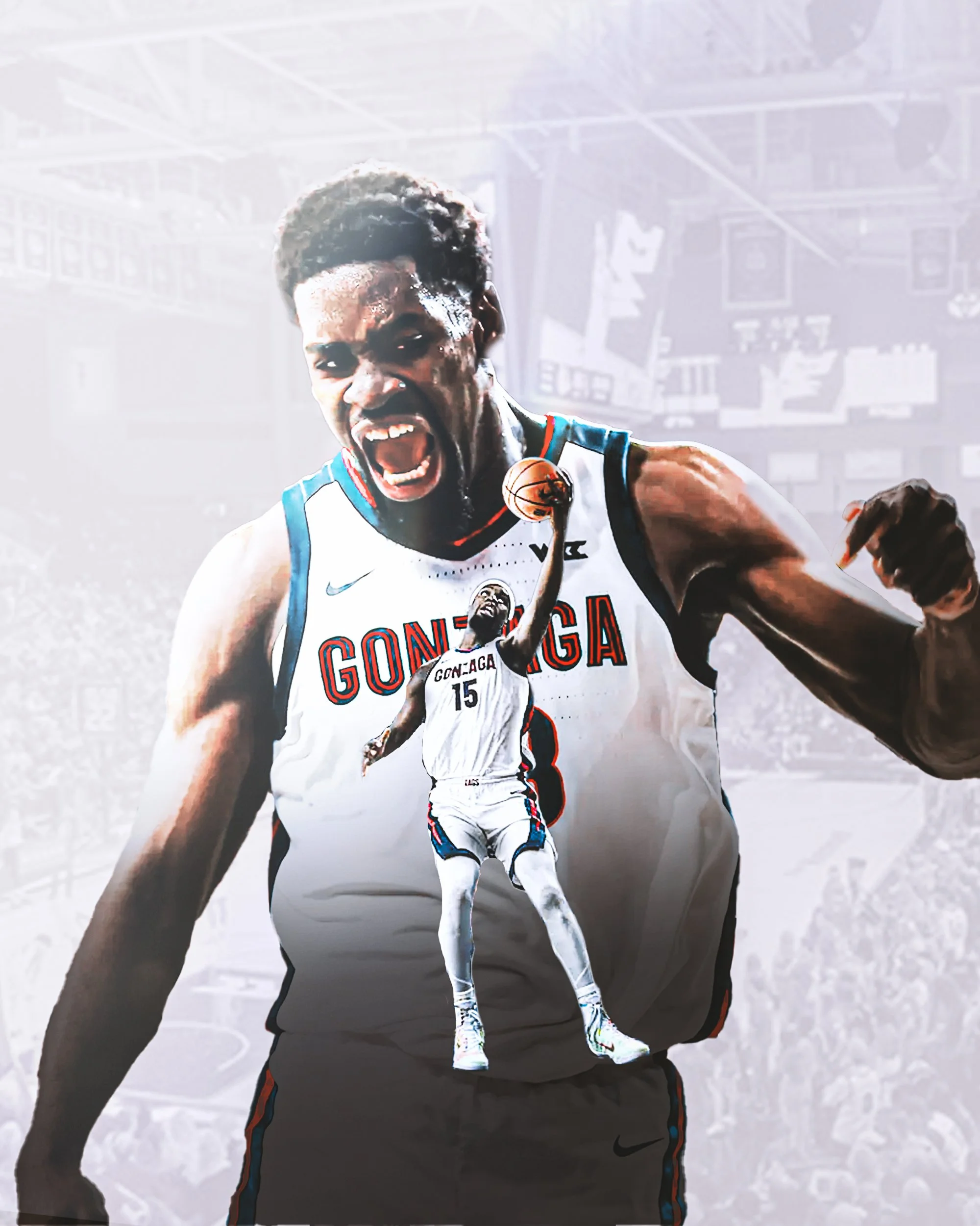 A poster of a basketball player celebrating with a basketball in front of a basketball court background.