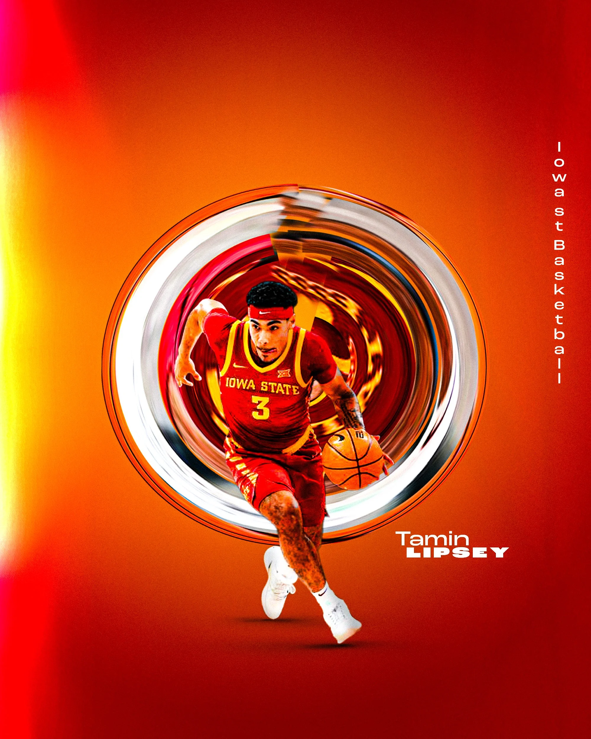 A basketball player in a red Iowa State uniform jumping and dribbling a basketball, with a swirling abstract background in red and yellow hues, featuring the text 'Tamim Lipsy'.