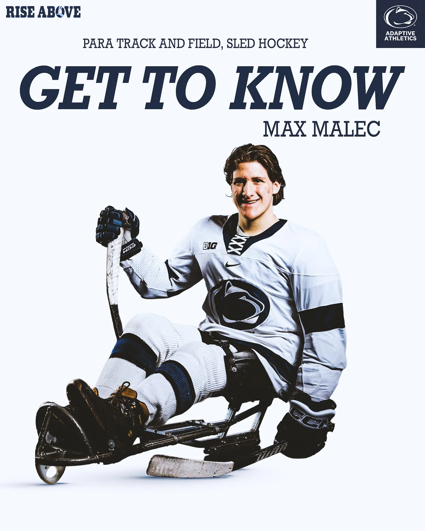 A young man in a hockey uniform sitting in a sit-ski with a hockey stick. The background is white, with text indicating it is a promotional image for Max Malec related to para track, field, and sled hockey.