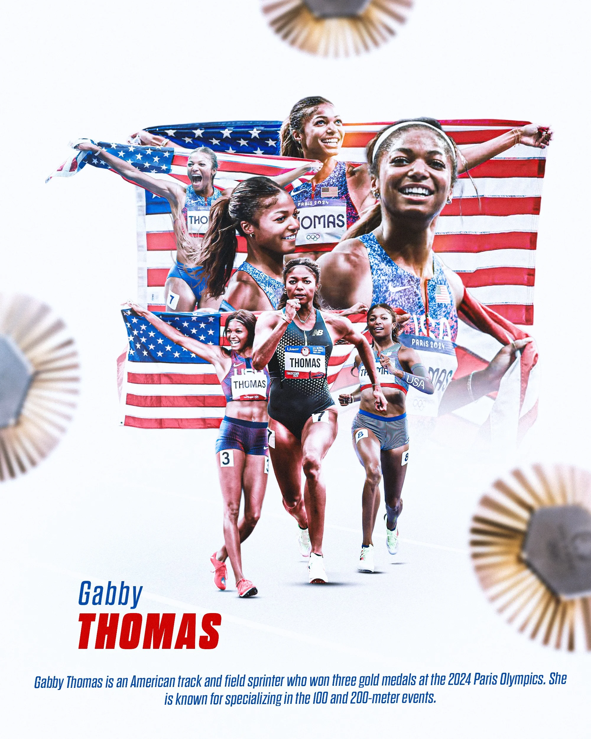 Poster featuring multiple images of Gabby Thomas, an American track and field sprinter, with an American flag background. The text highlights her achievements, including winning three gold medals at the 2024 Paris Olympics and her specialization in t