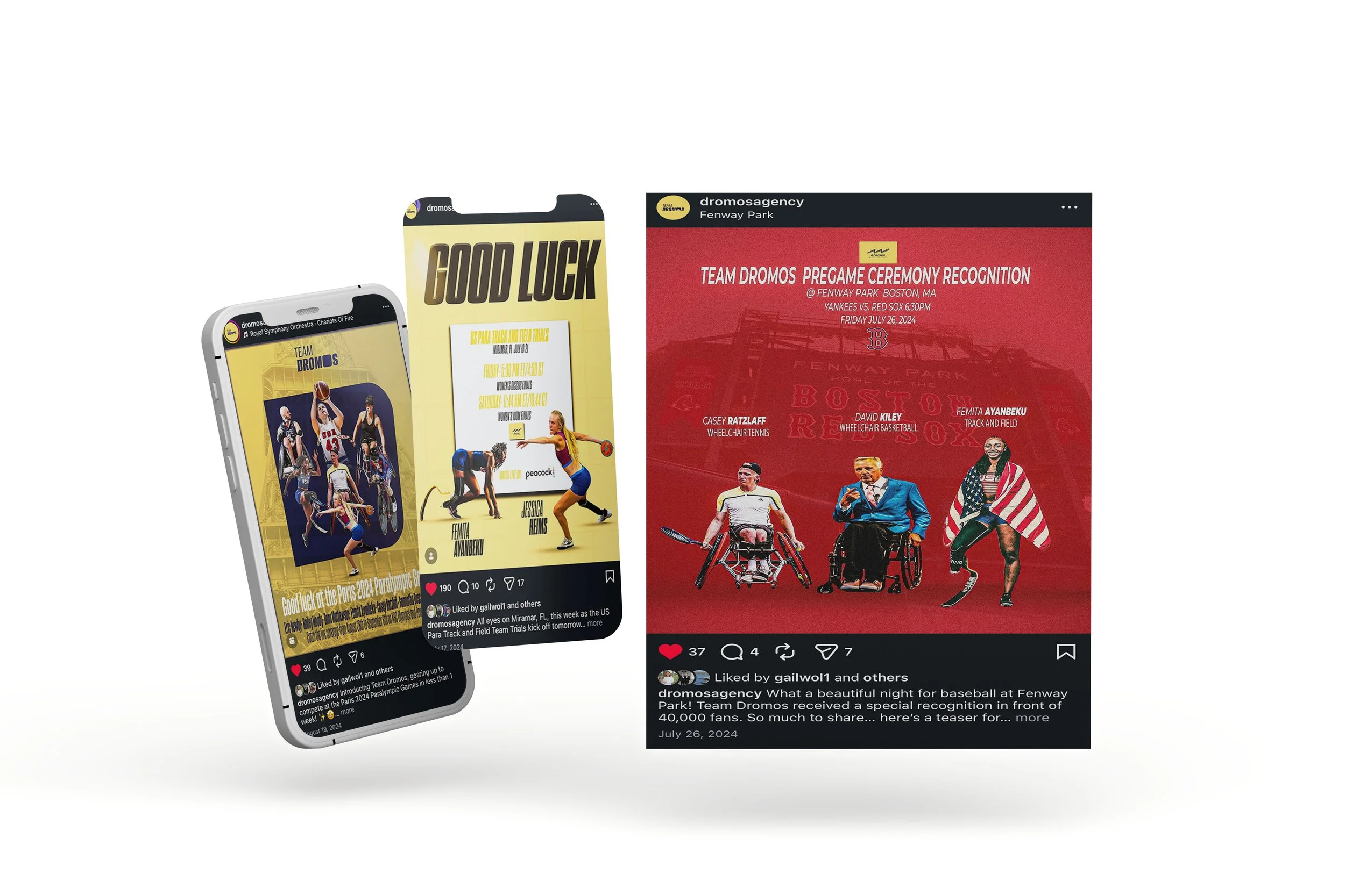 Posters and a phone screen display promoting the Team Dromos event at Fenway Park, including images of athletes in wheelchairs and text about the event schedule on a red background.