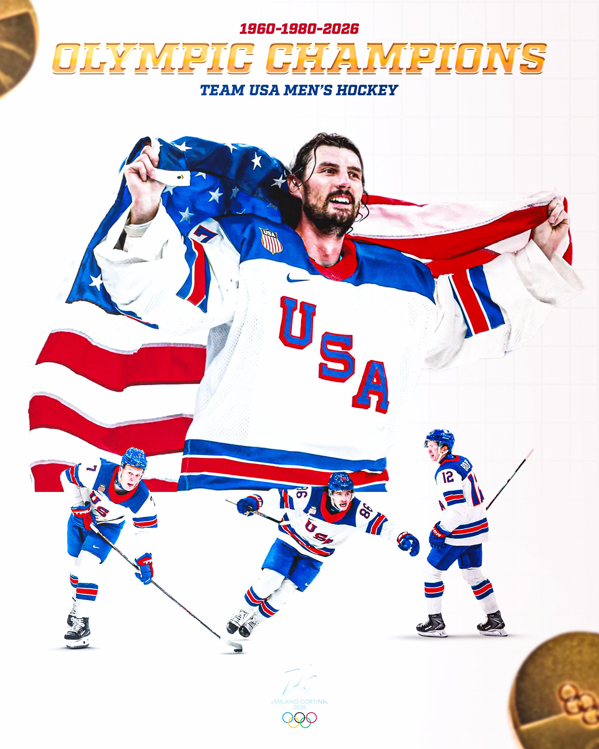 Poster celebrating Olympic hockey championship wins of the U.S. men's team from 1960 to 2026, featuring a large image of a male hockey player in a U.S. team jersey holding an American flag, with smaller images of hockey players in action below.