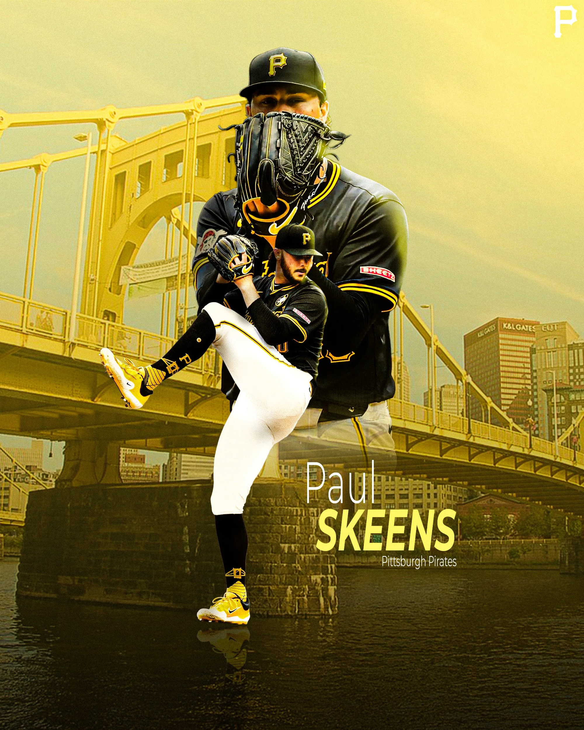 The image features a baseball player from the Pittsburgh Pirates, Paul Skeens, in uniform, standing on a bridge with a cityscape in the background. The player is wearing a black cap with a yellow 