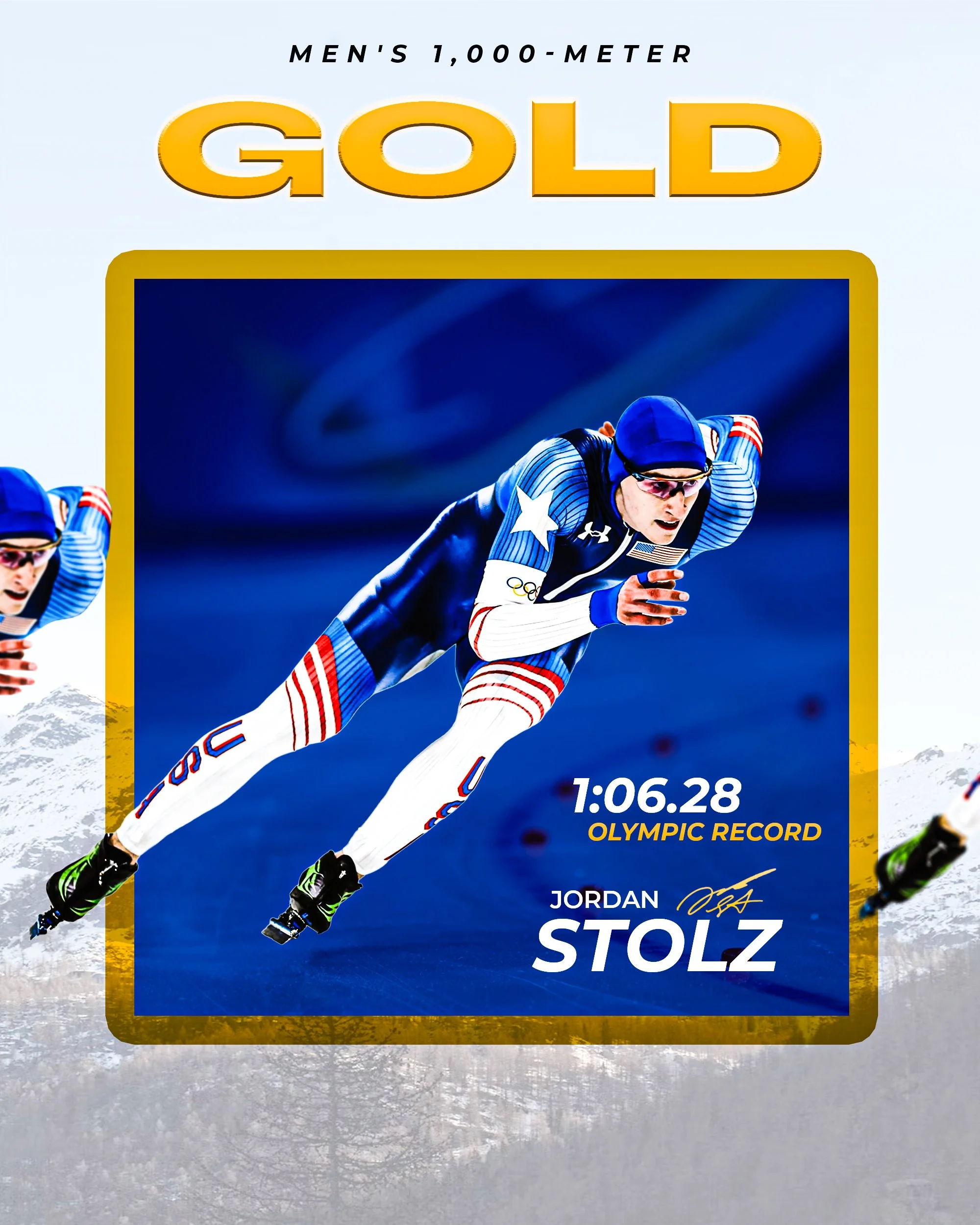 A sports medal or badge with a photograph of a male speed skater in mid-race, wearing a blue, white, and red uniform. The medal features a large gold-colored border and contains text indicating a record time of 1:06.28, an Olympic record, and the nam
