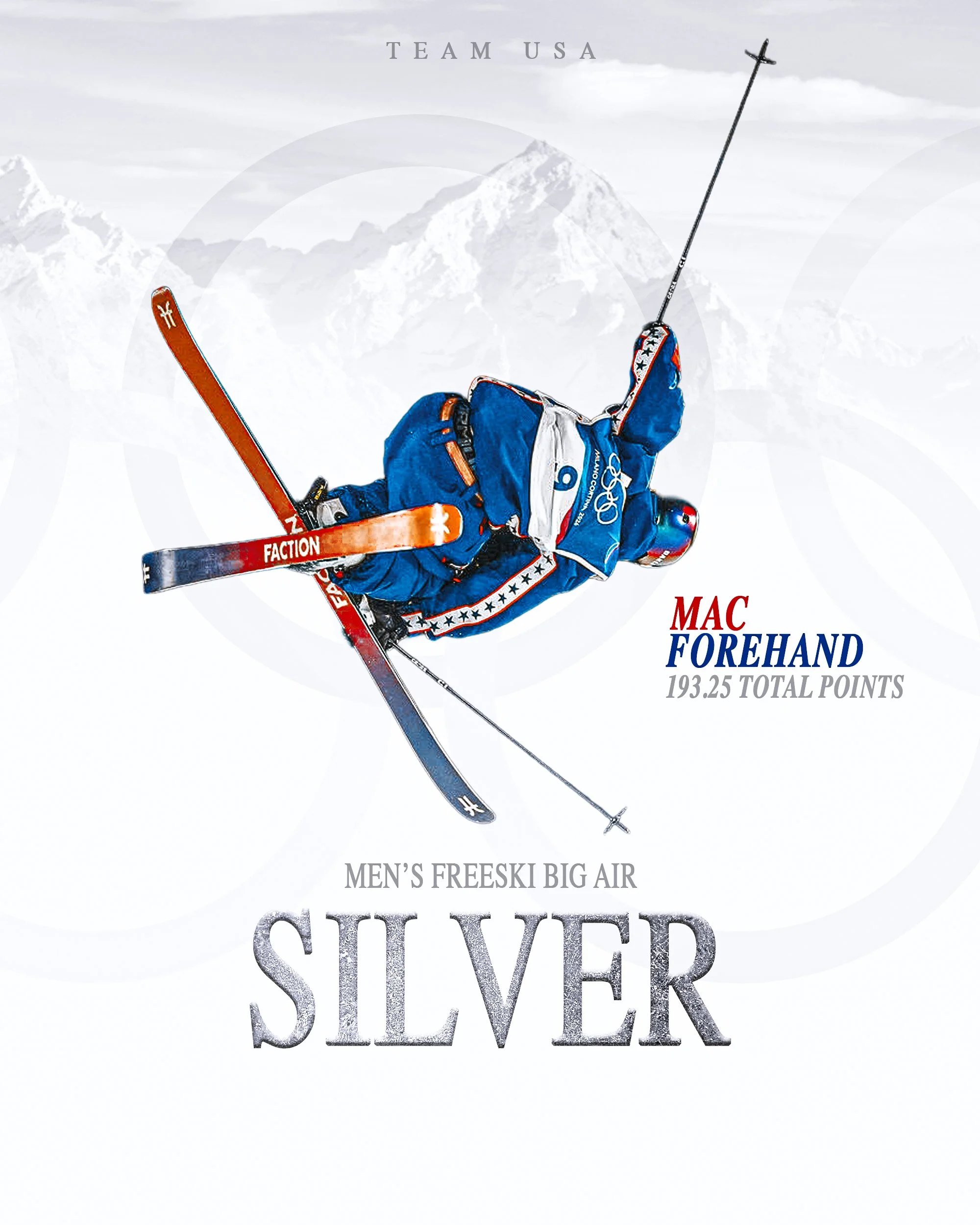 An Olympic athlete in winter gear lying on snow with mountain peaks in the background. The text mentions 'Team USA,' 'Men's Freeski Big Air,' and scores related to skiing competition.