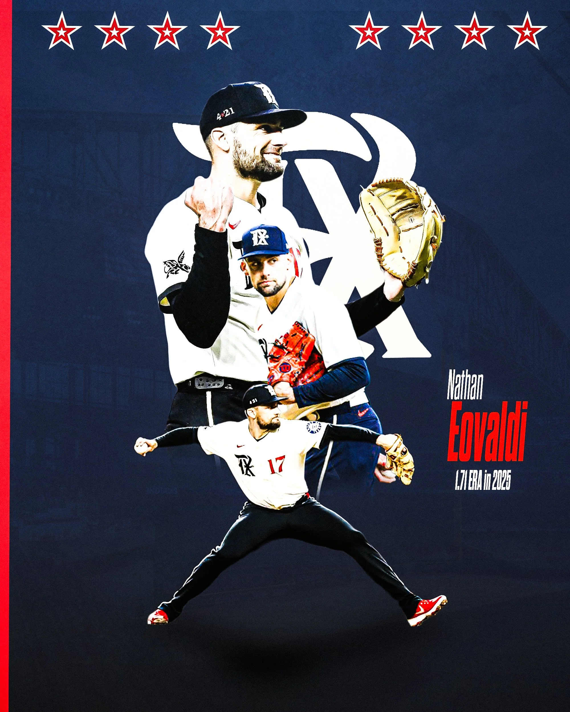 A baseball player in a white uniform with red and black accents is throwing a pitch, with his legs wide apart and arm extended. Another player stands behind him with a serious expression, wearing a matching uniform. The background features a navy blu