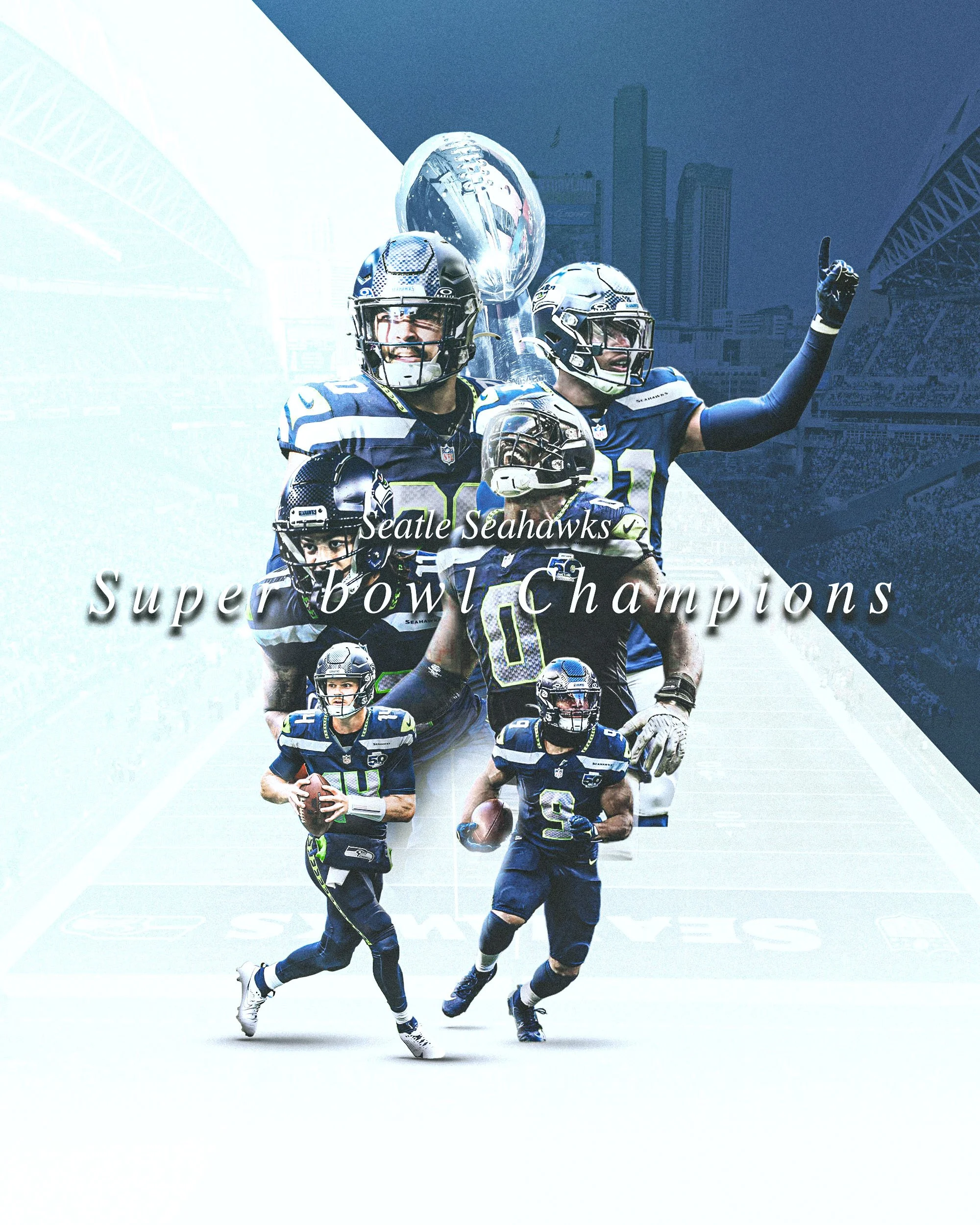Action shot of Seattle Seahawks NFL players in blue uniforms with helmets, running on a football field during a game, with a cityscape and bridge in the background, celebrating Super Bowl Champions.