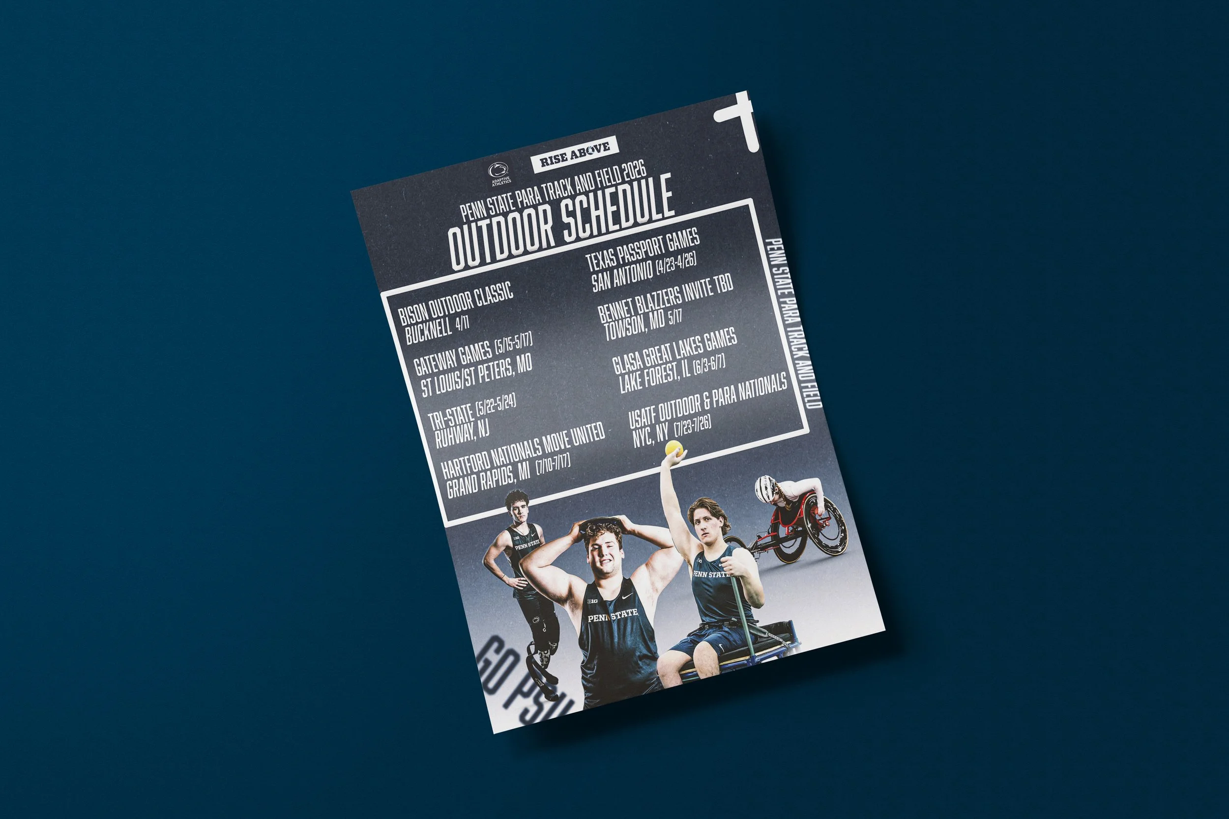 Penn State outdoor track and field schedule flyer with images of athletes and event details.