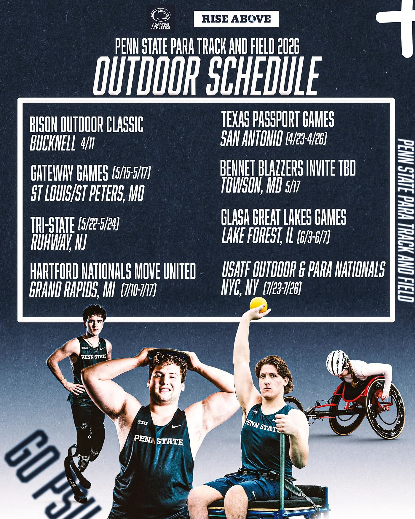 Penn State track and field outdoor schedule poster with logos, titles, dates, and locations of upcoming events. Features four athletes, one in a wheelchair, posing with a sports ball.