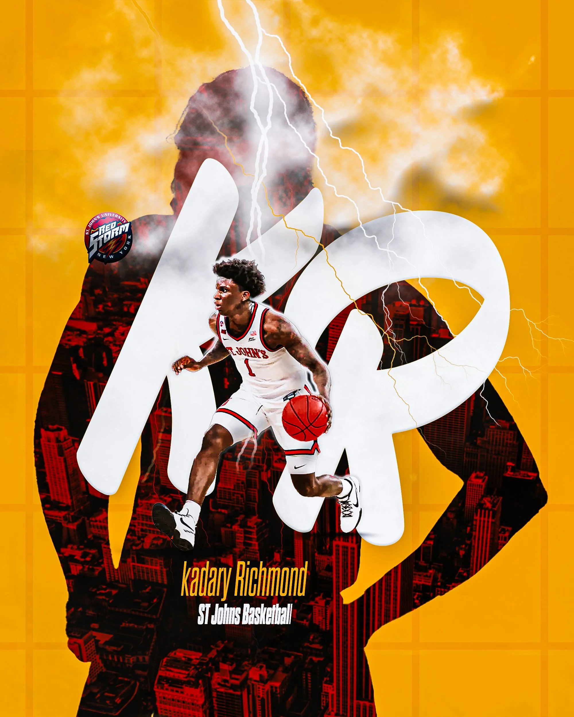 A basketball player in mid-air with a basketball, with a background of lightning and a cityscape, promoting Kadary Richmond and St. John's Basketball.