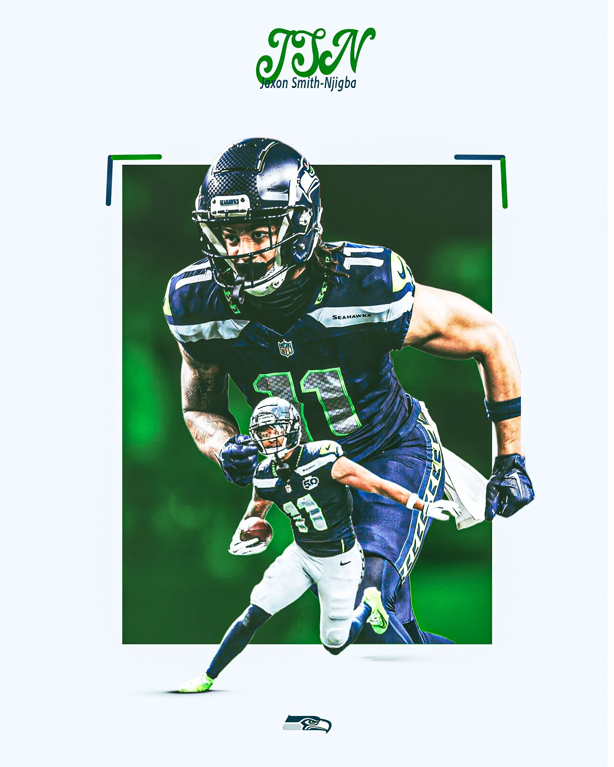 Seahawks football player in uniform running with football, with smaller action shot of same player in background, Seattle Seahawks logo at bottom, green and blue color theme.