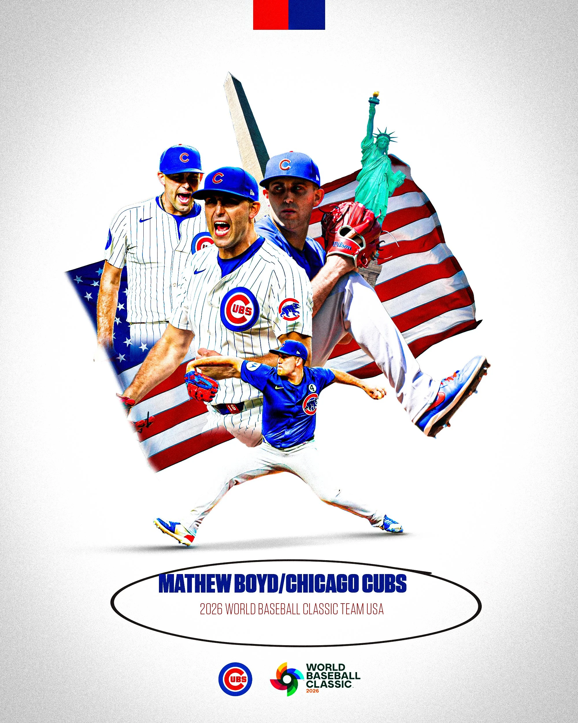 Cover of a 2026 World Baseball Classic Team USA poster featuring baseball players in Chicago Cubs uniforms with the Statue of Liberty and American flag in the background, and logos of the Chicago Cubs and World Baseball Classic at the bottom.