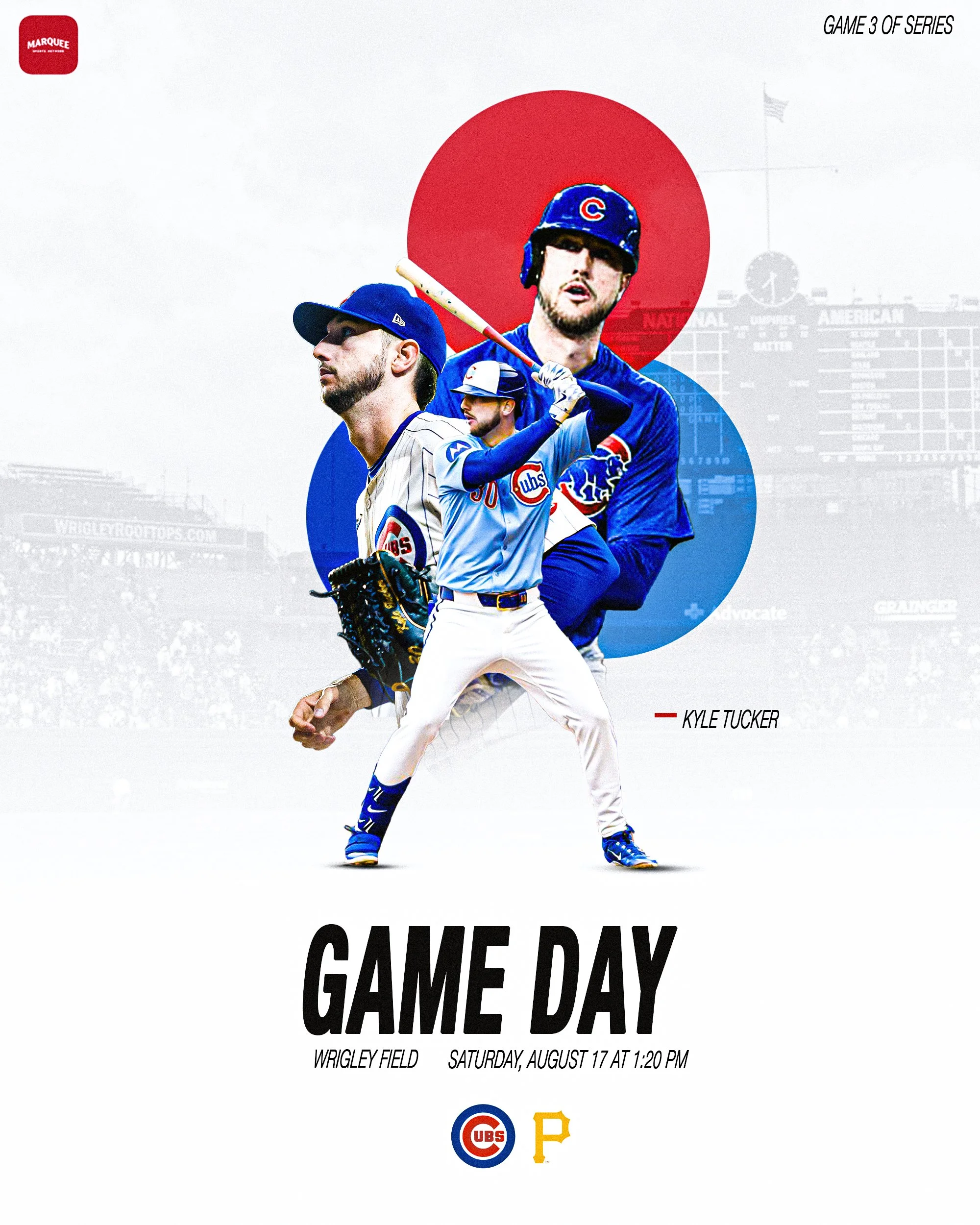 Graphic poster advertising a Chicago Cubs baseball game against the Pittsburgh Pirates on Saturday, August 17 at 1:20 PM at Wrigley Field. The poster features images of three baseball players in Cubs uniforms, with two in the foreground and one in th