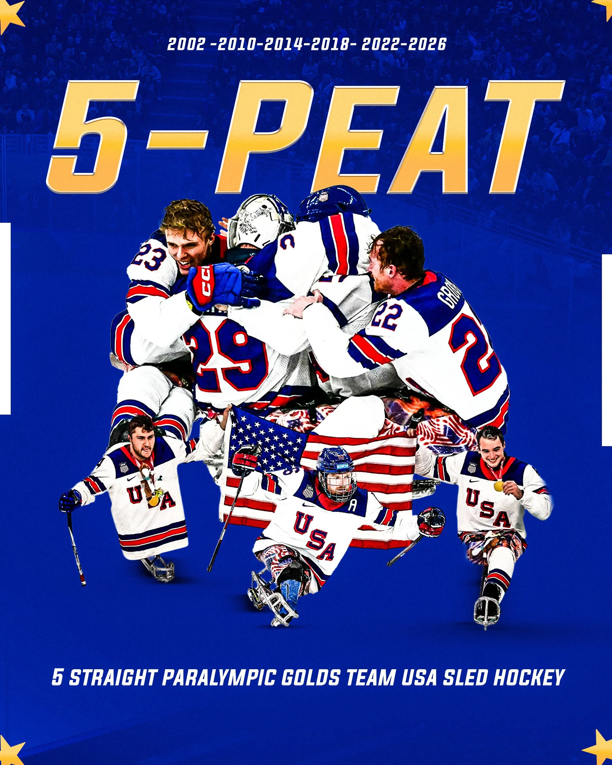 A group of USA sled hockey players celebrating on ice, wearing team uniforms with USA and red, white, and blue colors, holding American flags. The background features a blue overlay with yellow stars and the text '5-PEAT' and '5 straight Paralympic g