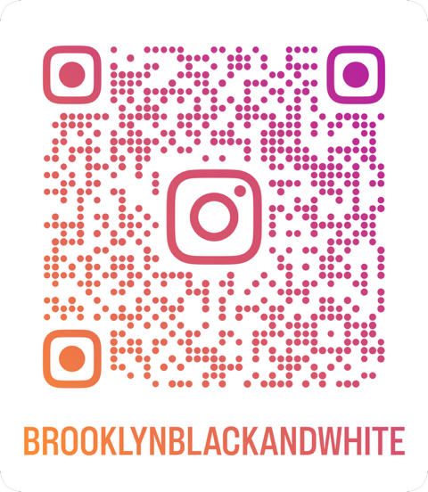 Colored QR code with gradient from pink to purple to orange and black and white text 'BROOKLYNBLACKANDWHITE' at the bottom.